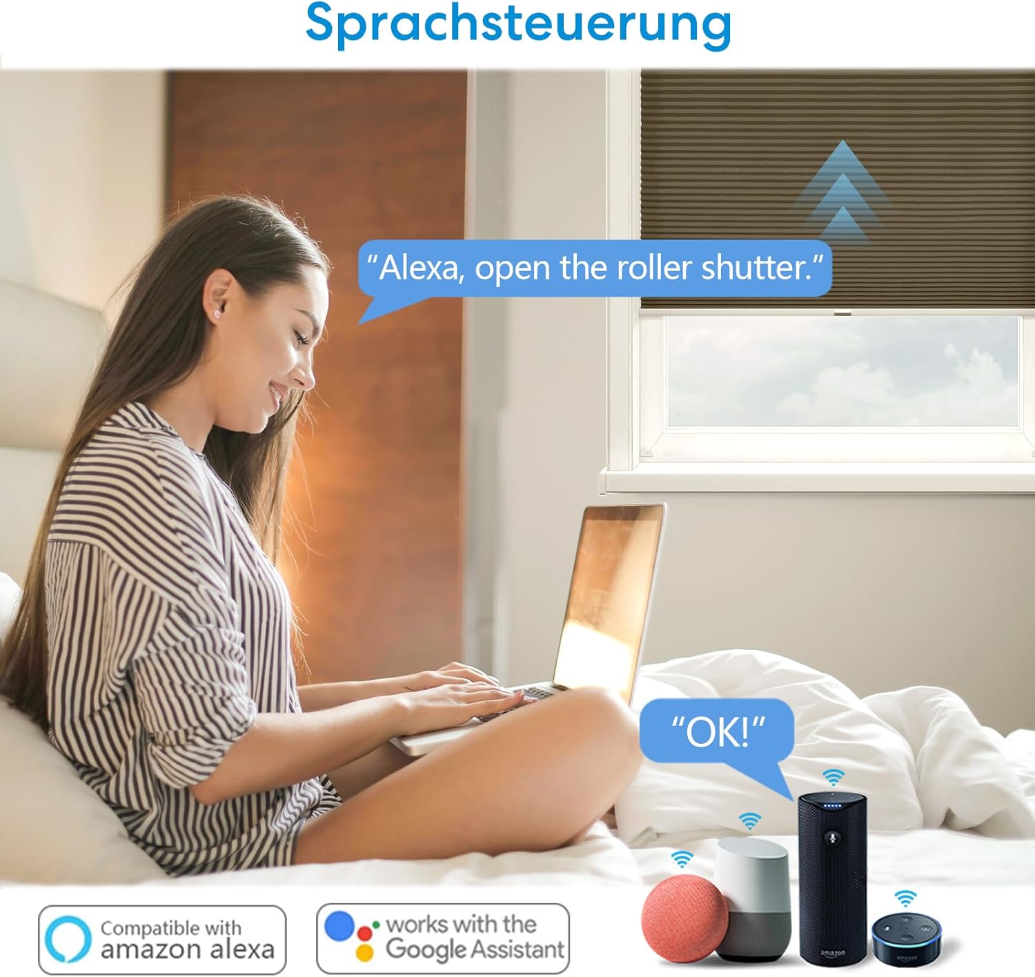 Woman using voice commands with Alexa and Google Assistant devices to control a roller shutter.