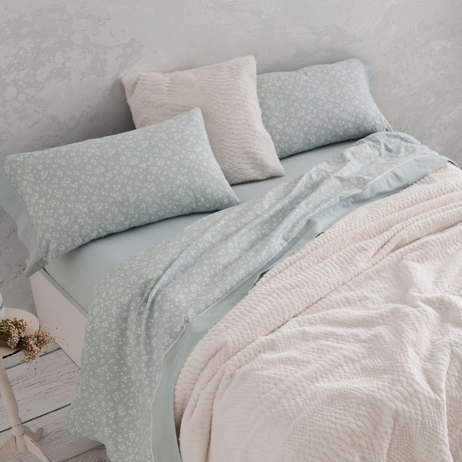 Burrito Blanco | Sábanas de Franela de algodón | Cama de 90cm. (+Medidas Disponibles) | Diseño 572 | Color Laurel (90x190/200cm.)