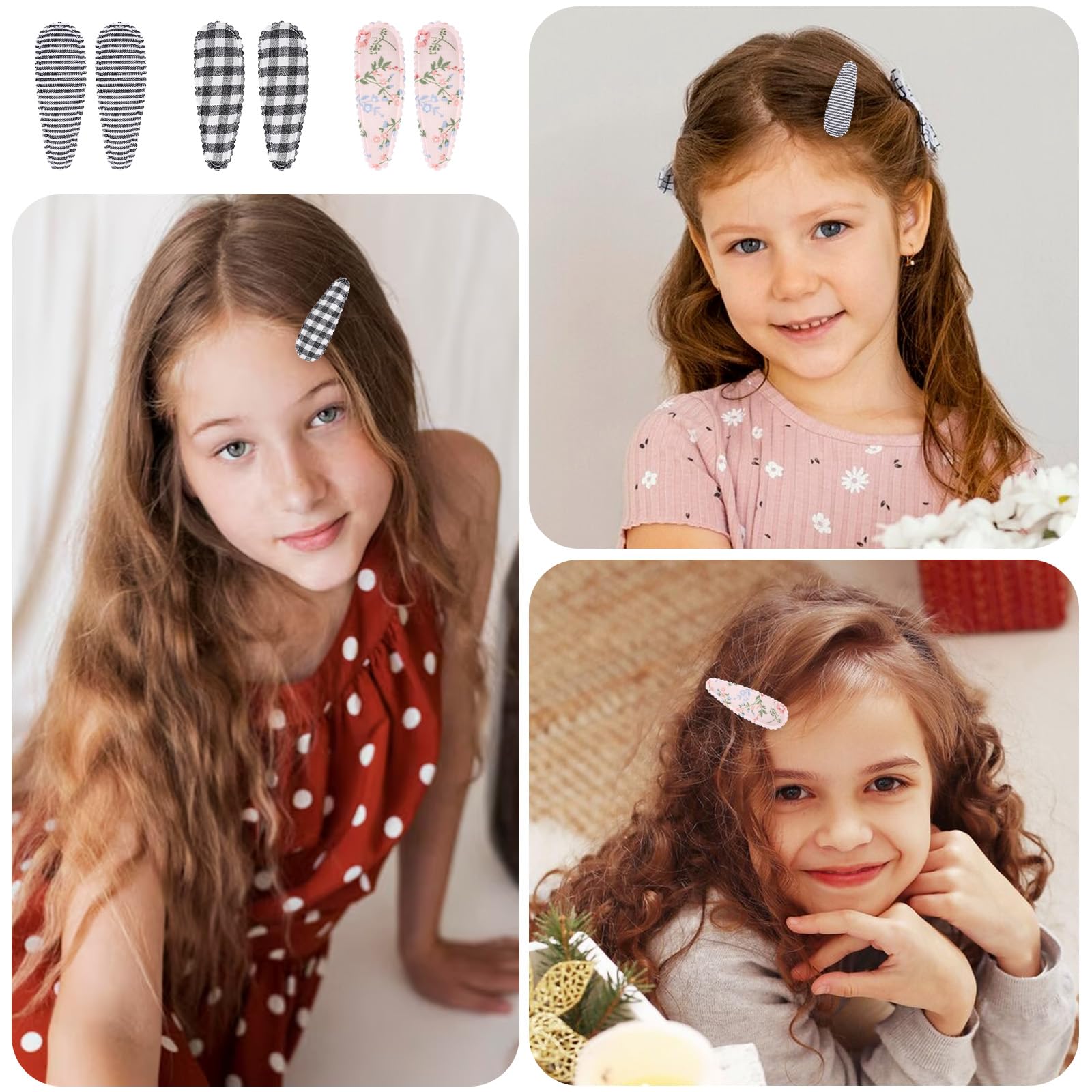 Qianyu 16PCS Girls Toddler Snap Hair Clips Floral Print Non Slip Plaid Cloth Wrapped Flower Bows Snap Hair Clips Baby Fabric Side Clips Hair Accessories for Fine Hair Infants Kids School Teens(Set 3) - Image 4
