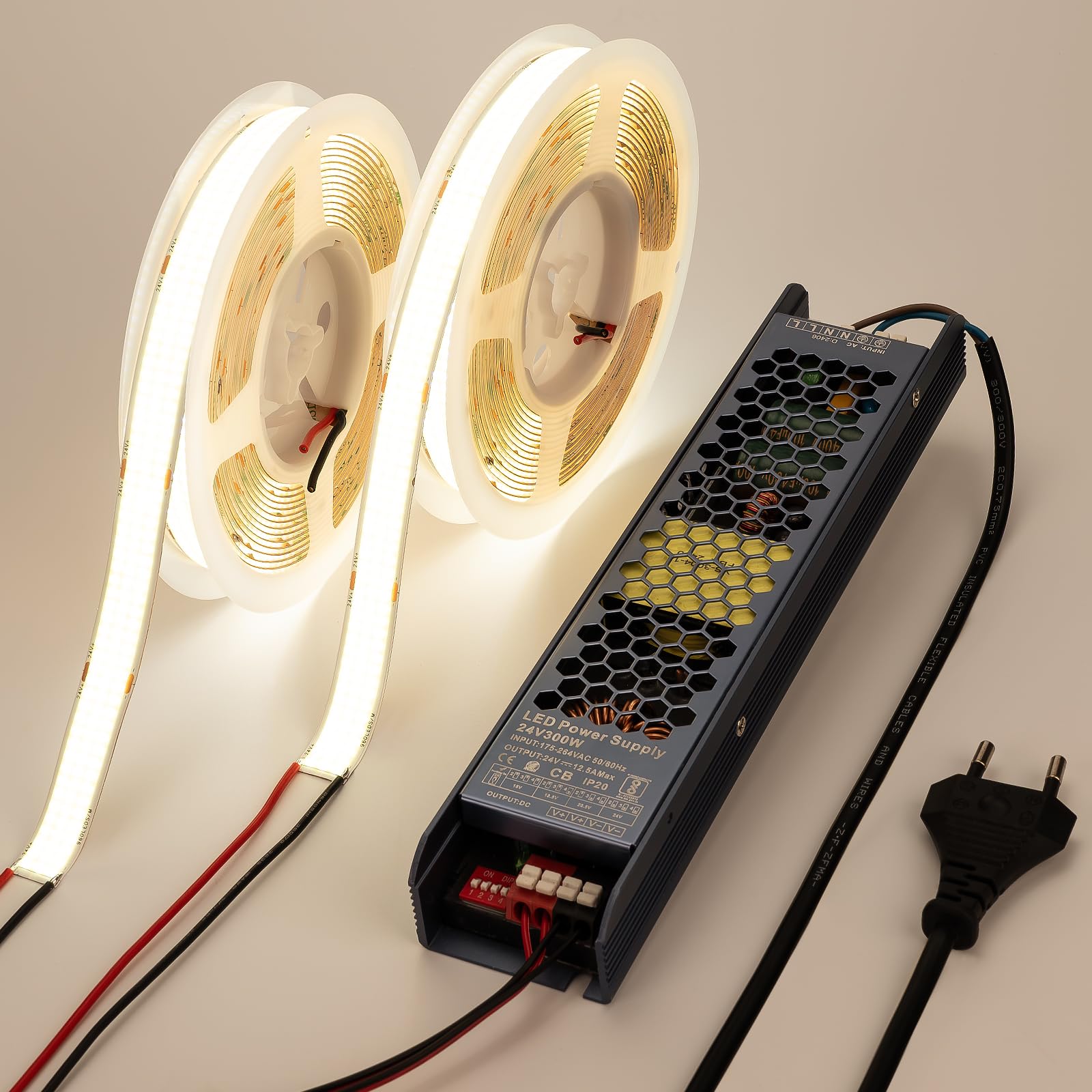 BENLUN 15mm Larghezza Striscia LED COB Alta Luminosità 24V 250W 10 Metri | 4000K Bianco Naturale Luci LED da Interno 25W/m 2750lm/m 960LEDs/m con Alimentazione per Camera da letto, Cucina, 5 Metri X 2