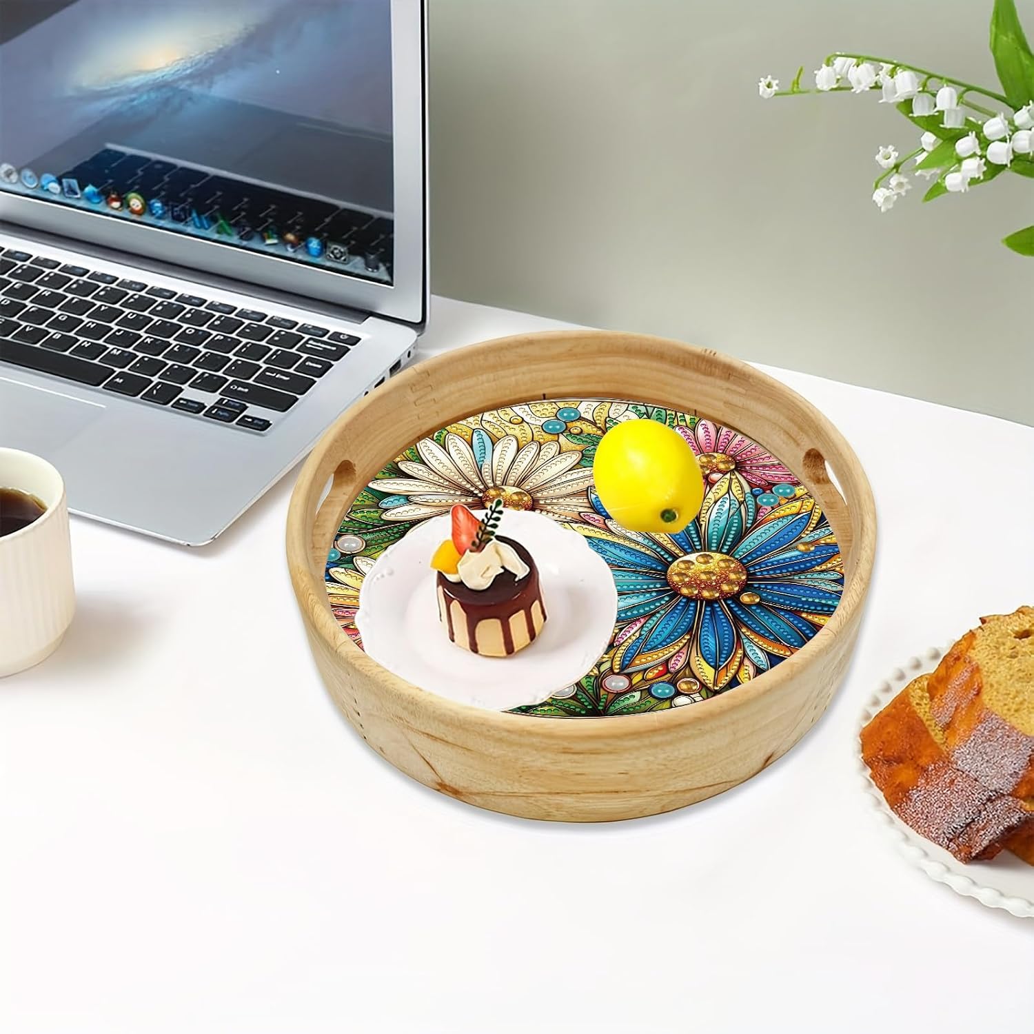 ARTopet DIY Diamond Tray Round Diamond Art Painting Creative Design Handmade Wooden Tray Dinner Plate Diamond Art for Coffee Living Room Home Organizer Diameter 25.5cm-Daisy