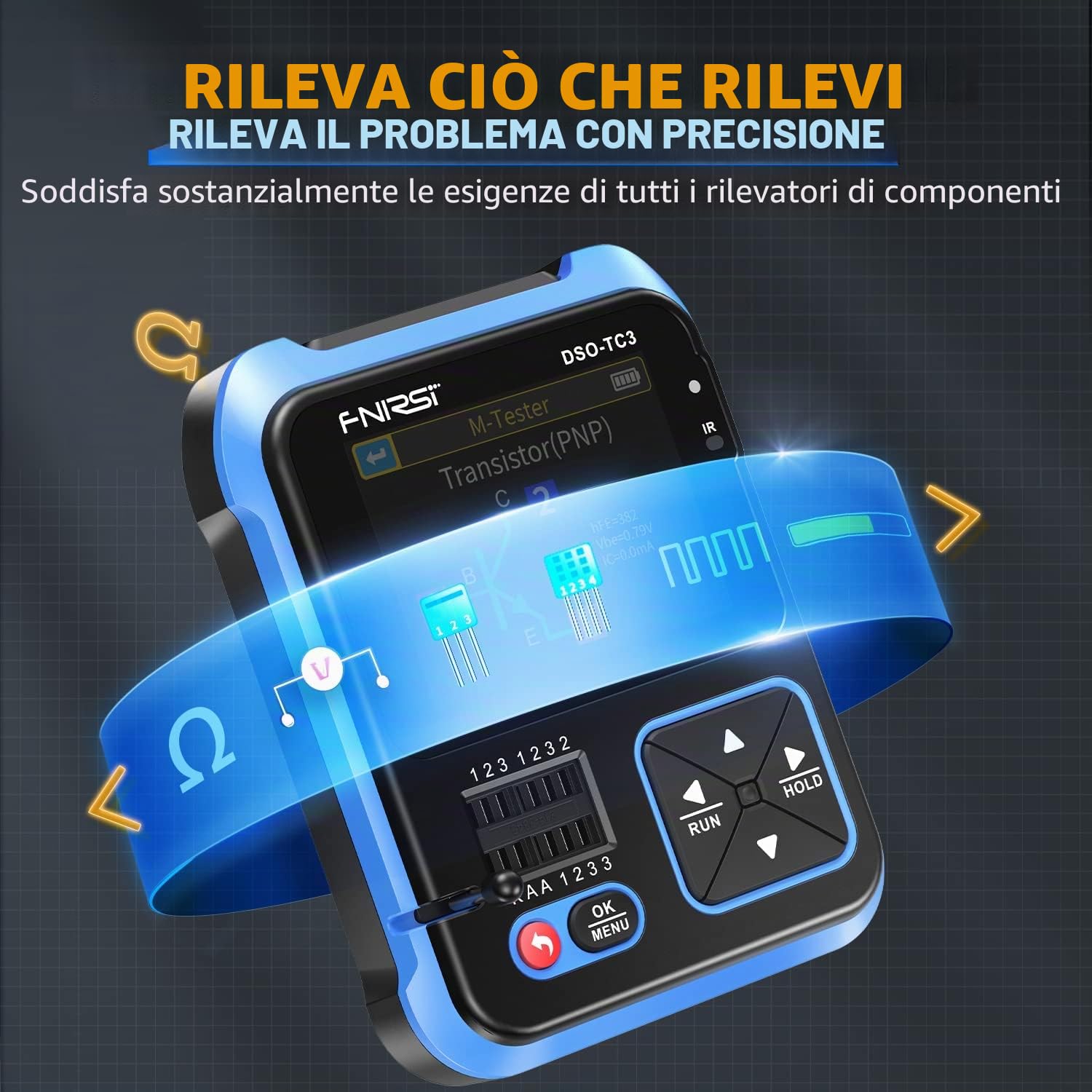 FNIRSI DSO-TC3 Oscilloscopio - 3IN1 Oscilloscopio Portatile & Generatore di Segnale DDS & Tester di Transistor, Larghezza di Banda 500kHz, Frequenza di Campionamento 10 MSa/s, 6 Tipi di Forme D'onda
