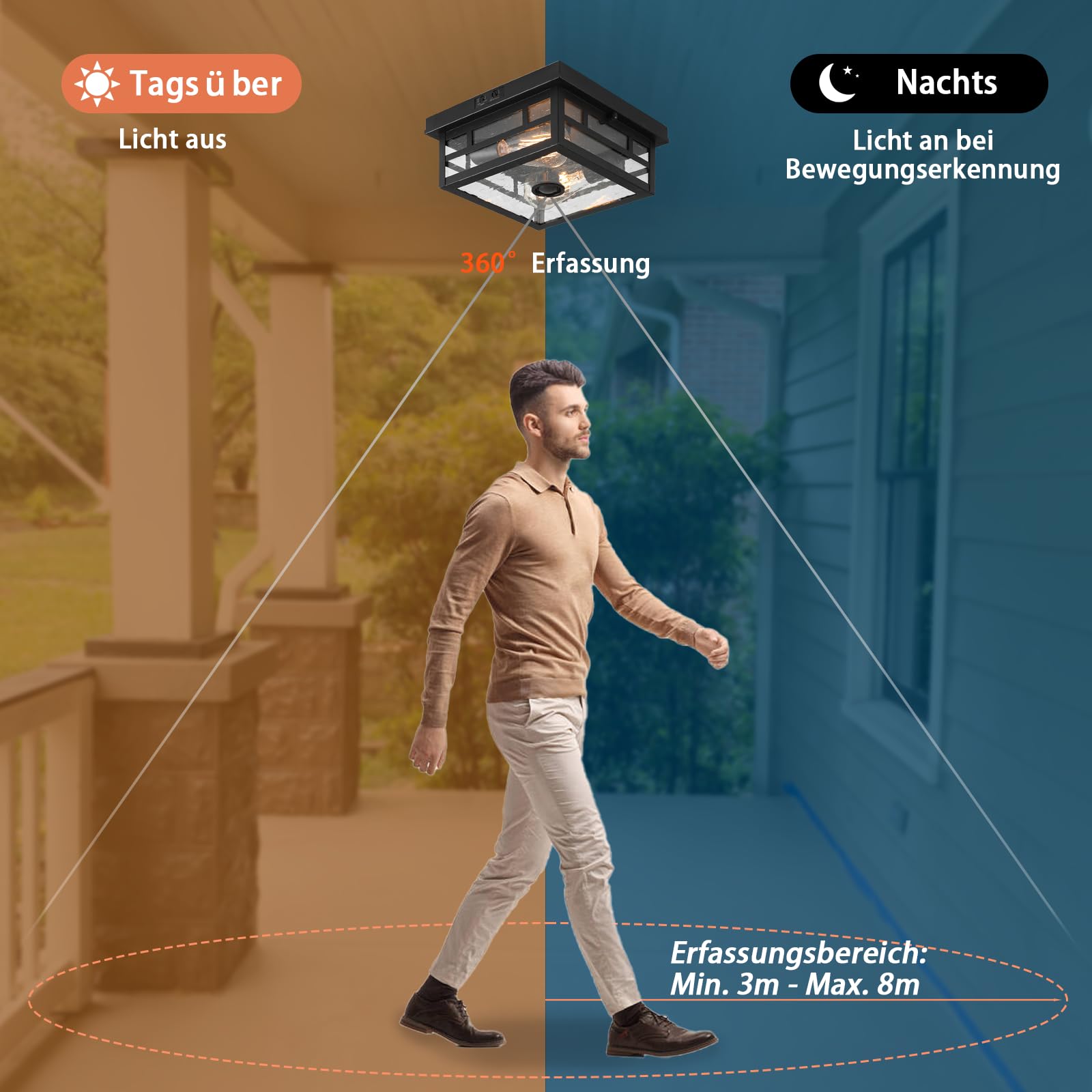 CALOKES Deckenleuchte mit Bewegungsmelder für den Außenbereich, zeitloses Industriedesign mit gesäftem Klarglas für Ihre Veranda, Auffahrt, überdachte Terrasse, Bauernhaus und Eingangsbereich