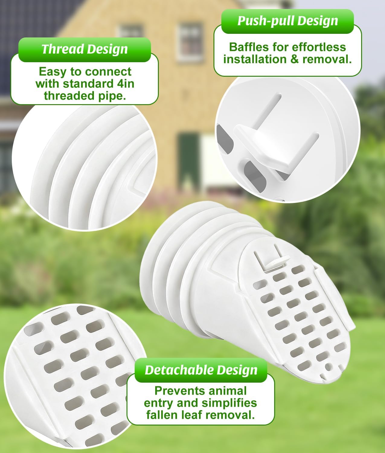 WADEO Rain Gutter Downspout Extension Hose Guard 2Pack, Drain Downspout Extender Outlet Filter and Leaf Guard, for Standard 4'' Circular Threaded Hose, White