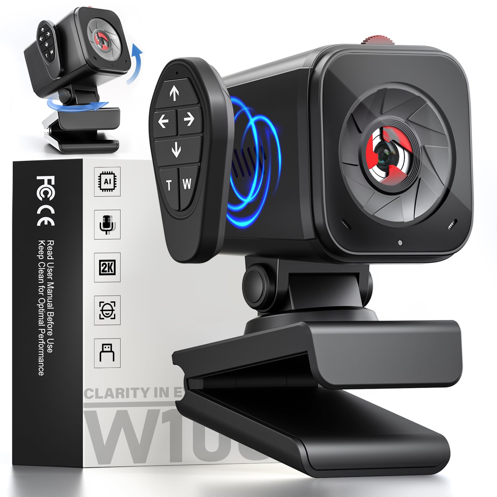 Webcam for PC/Laptop/Mac with Remote Control, 2K Computer Camera, Low-Light Correction, AI-Noise Canceling Mics, Adjustable Field of View, Built-in Privacy Cover, Stereo Mics