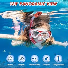 Kids Snorkel Set, Children Anti-Fog Diving Mask Swimming Goggles Full Dry Top Snorkel Equipment Snorkeling Packages Swimming Gear for Youth Boys Girls Age 5-10 (Red White)