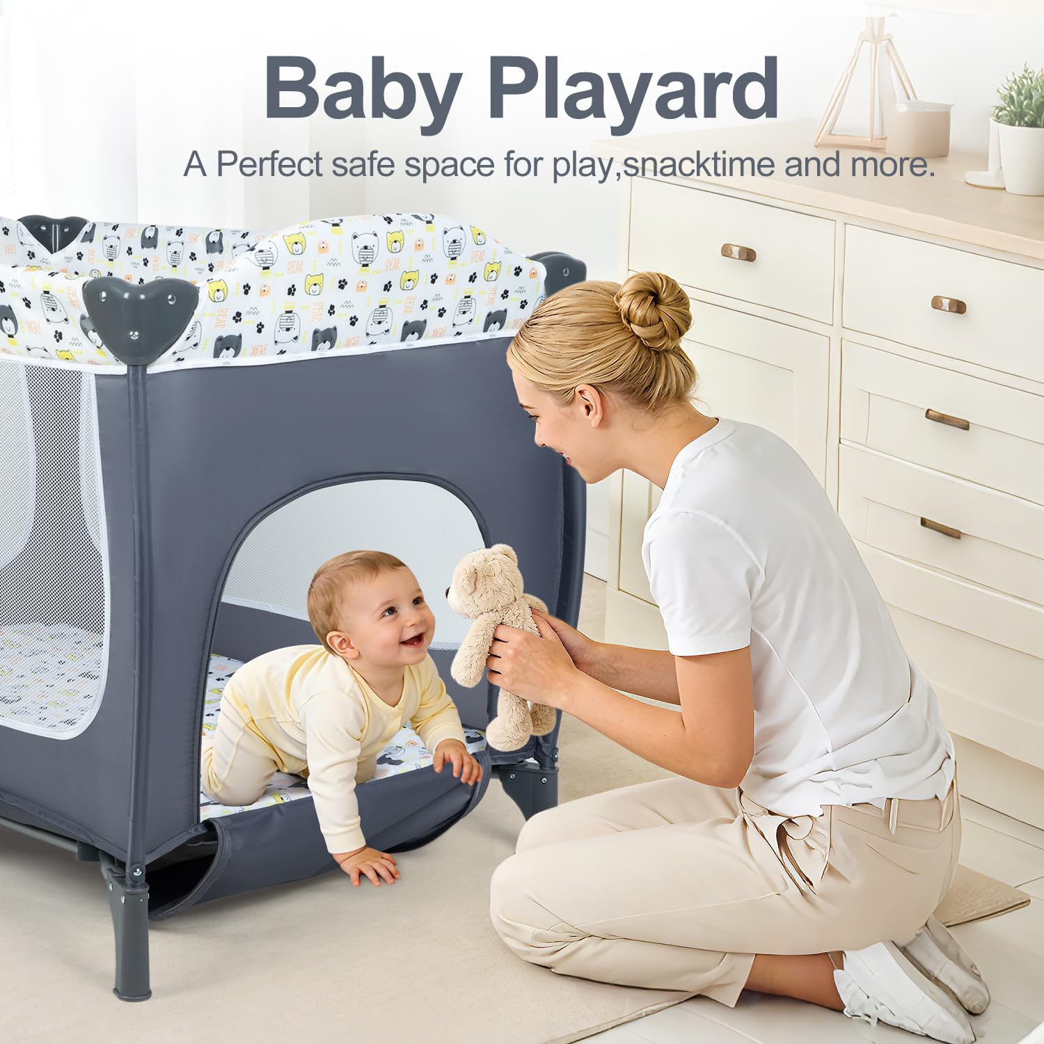 4 in 1 Pack and Play,Foldable Baby Playard with Changing Table,Travel Crib for Infants & Toddlers,Portable Playpen with Breathable Mesh,Wheels & Storage Bag,Grey