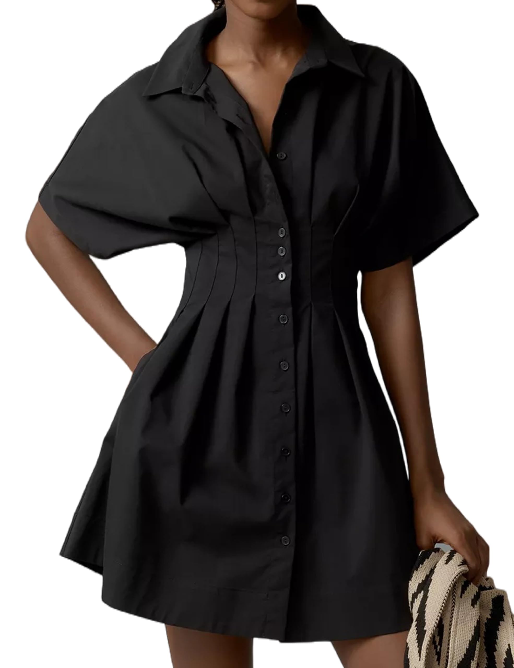 View 1 of ****STOCK PHOTO FOR REFERENCE ONLY*** Dsewpaur Women's Black Striped Mini Dress - Summer Casual Dress with Short Sleeves, Button Front, High Waist, V Back Medium