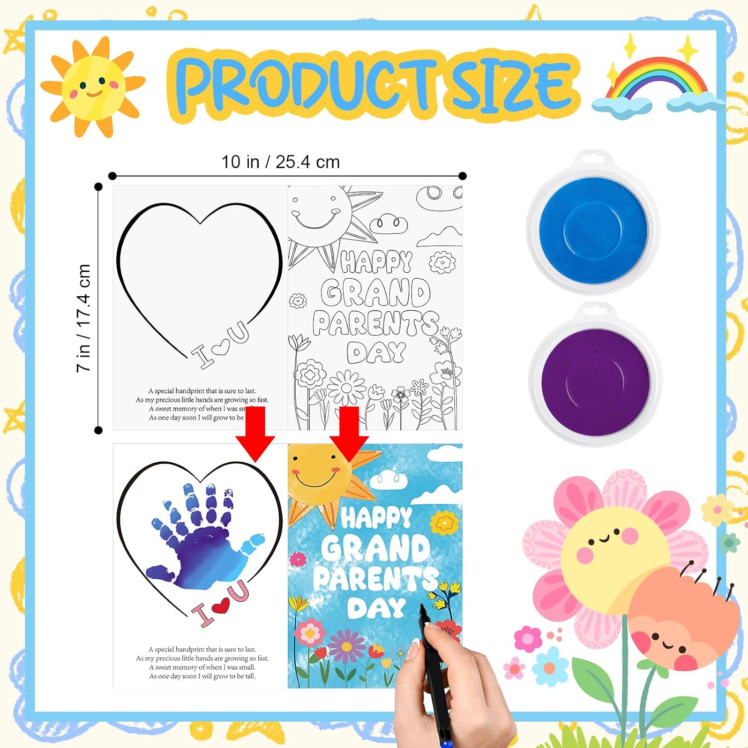 Motipuns 60 Pcs Grandparents Day Handprint Cards Kit 5 x 7 Inch Greeting Cards and 2 Pcs Large Ink Pad Grandparents Day Handprint Craft DIY Kit Fun Activities DIY Grand-Parents Gift Craft image 2