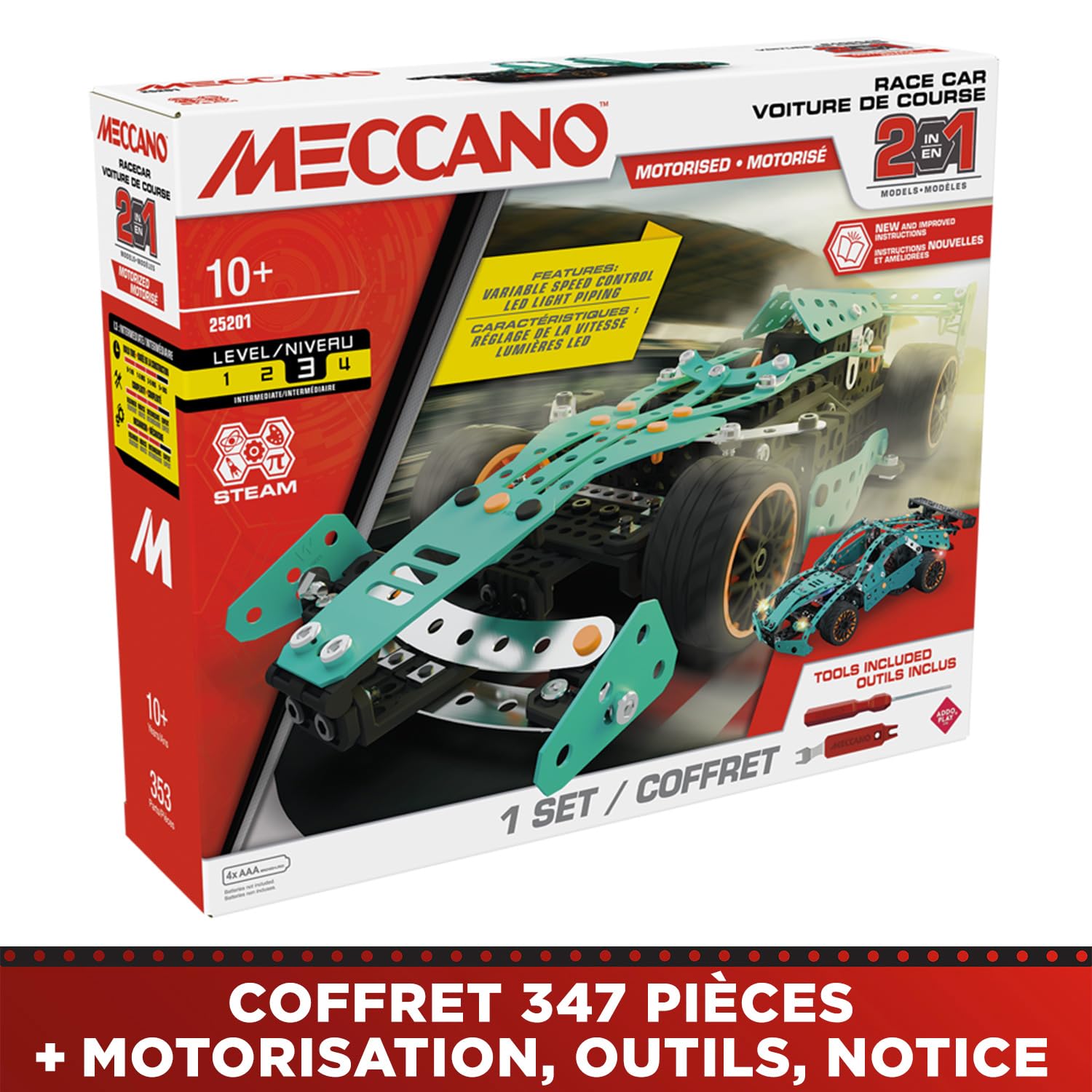 BANDAI - Meccano Voiture de Course 2 en 1 - Coffret de Construction 2 Modèles Formule 1-353 pièces, Outils, Notice - Kit Activité Assemblage Voitures F1 Supercar - Jouet Enfant 10 Ans et + -APM20108