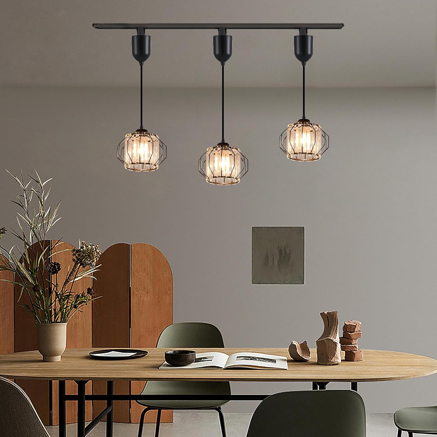 Kiven J-Type Track Lighting Pendants Adjustable Height, J Track Pendant Lights with Crystal Lampshade,Modern Decorative Track Lighting Fixture for Kitchen Hallway Restaurant Island Lighting XDD363