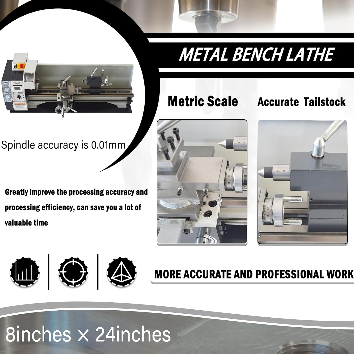 WM210V Metric Precision Metal Lathe 50-2250RPM Brushless Motor Mini Metal Lathe MT5/MT2 Taper Stepless Variable Speeds with 8"×24" Bench 1100W 110V