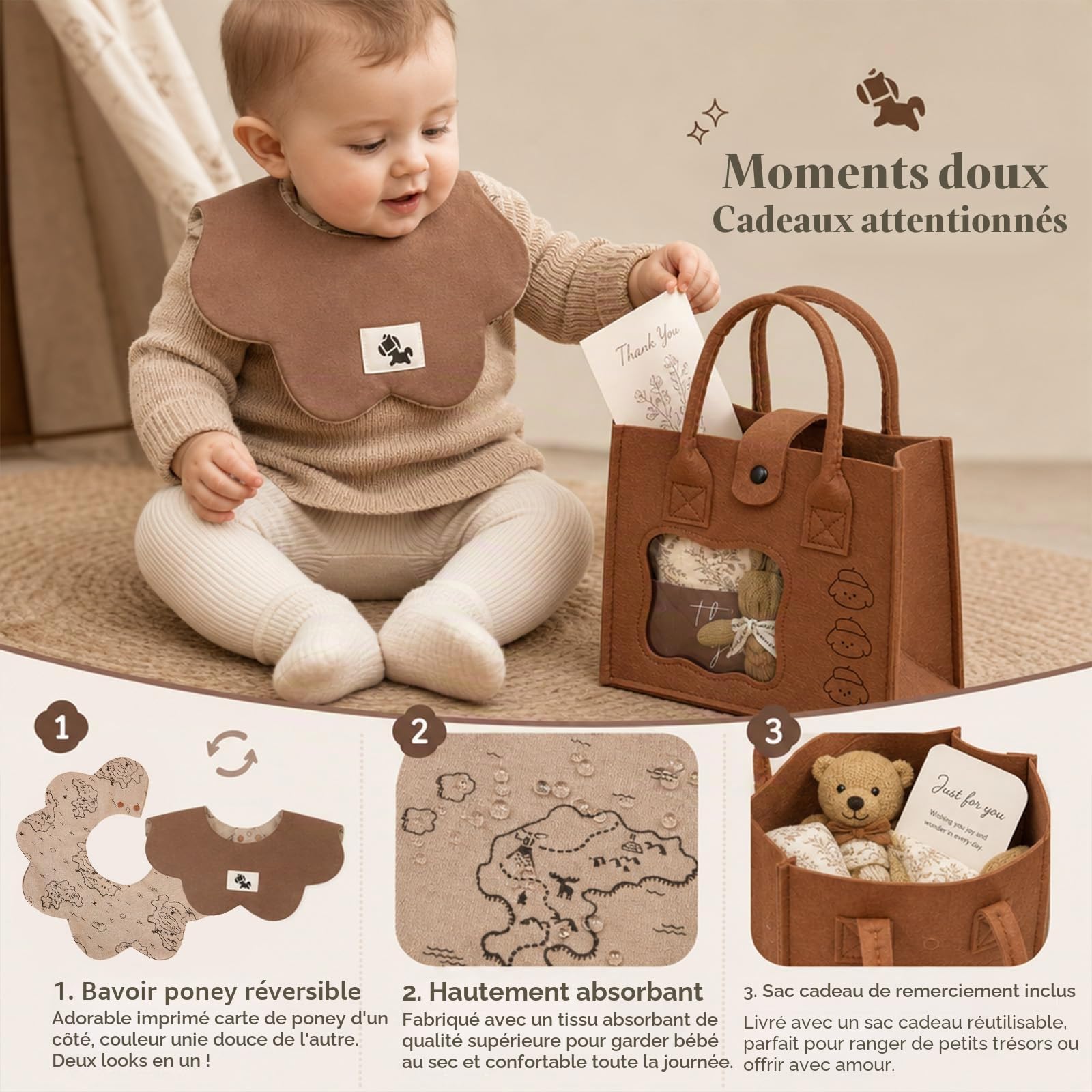 TUZT Coffret Cadeaux de Naissance Garcon Fille Cadeau ave Barboteuse Couverture Doudou Bavoir Chaussettes Bonnet Cartes Sac à Main en Feutrine, Cadeau pour Baby Shower Bebe Nouveau Né Coffret