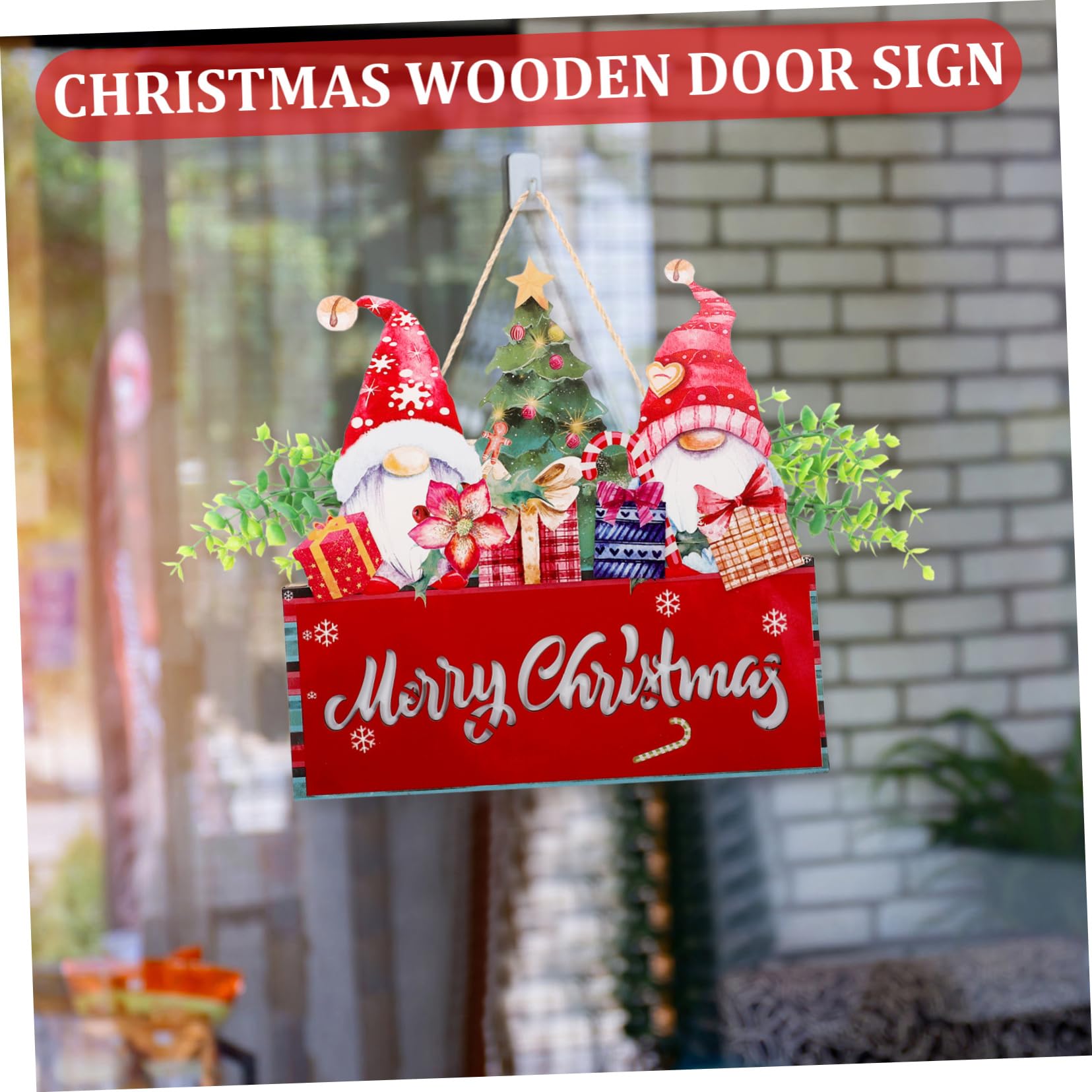 Amosfun Adornos de Santa Claus Letrero Navideño para Puerta de Entrada Diseño de Duendes Colgantes Letrero Decorativo Navideño de Madera sin Luz