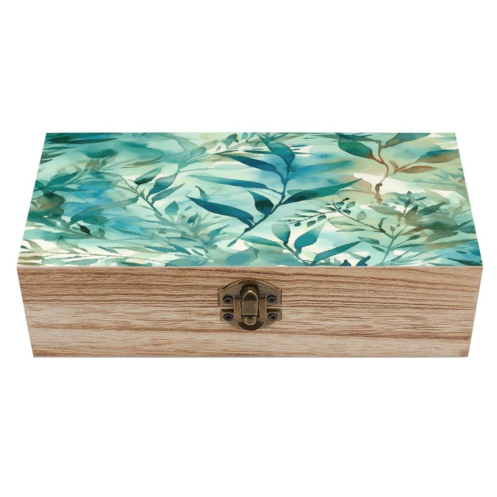 Btcowzrv Style Hand Drawn Leaves Wooden Storage Box, Keepsake Box With Hinged And Retro Lock, Wood Jewelry Organizer For Photos & Mementos And Home Decor