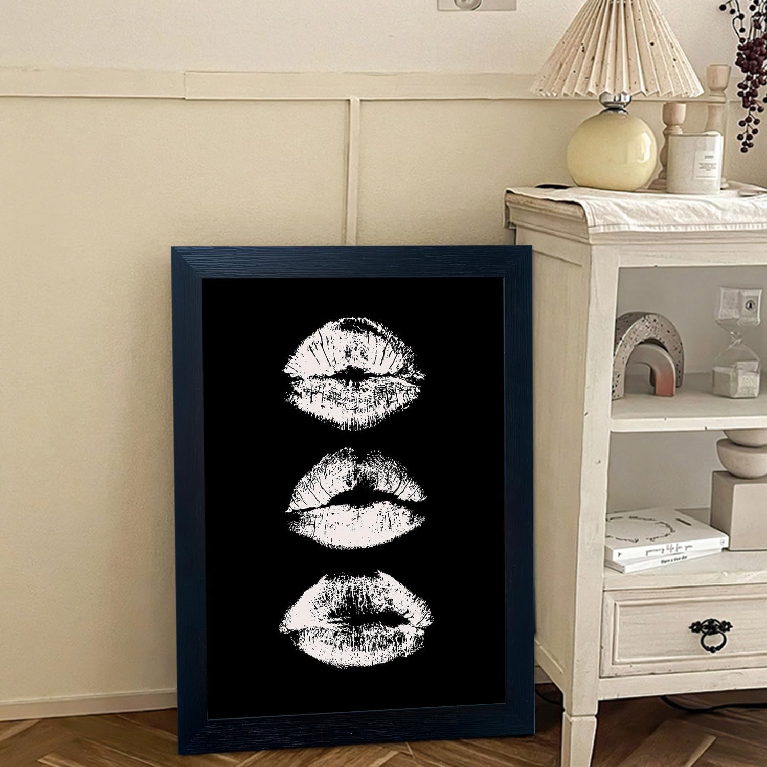 Framed Black and White Kiss Lips Canvas Print Girls Bathroom Painting for Wall Woman Makeup Room Decor Fashion Wall Art Trendy Artwork