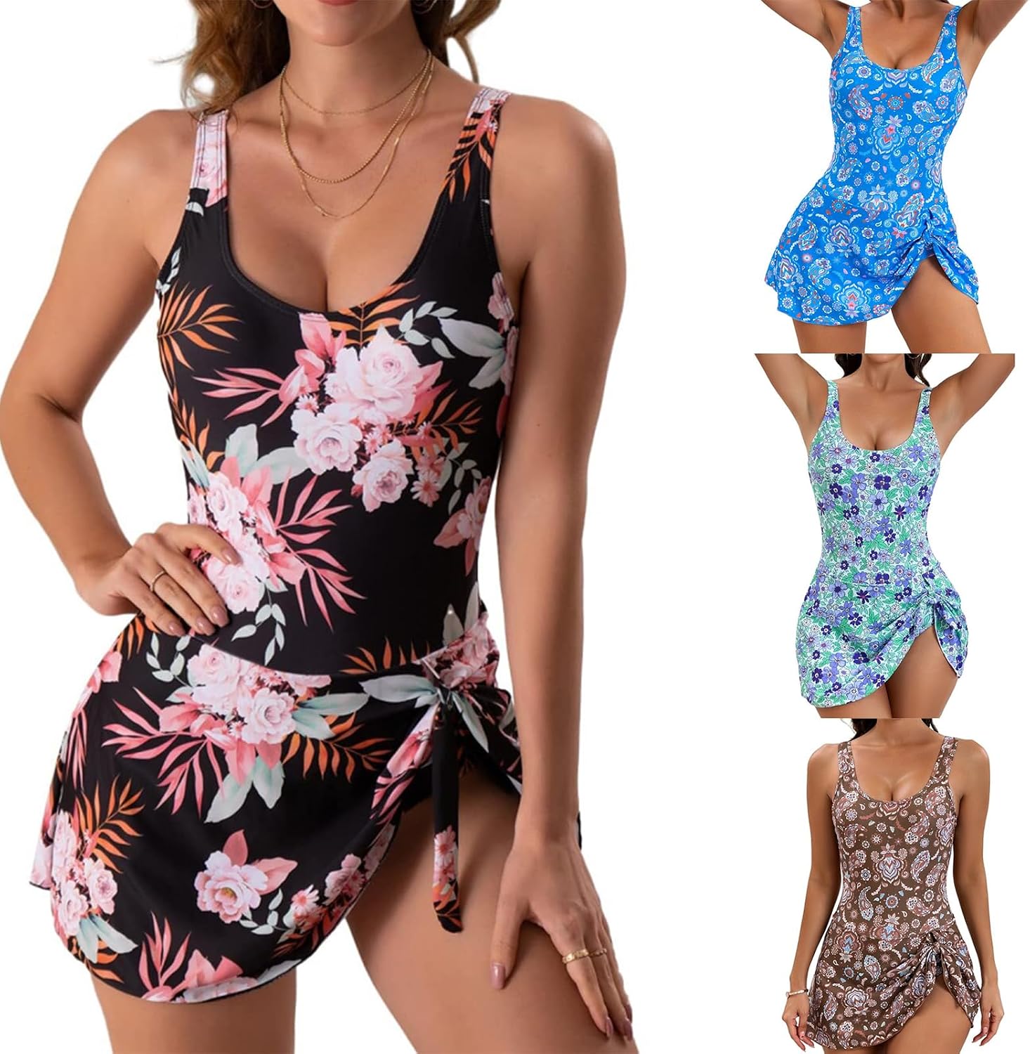 Womens Side Knot Swimdress Skirted Swimsuit with Skirt Tie Knot Skirt Bathing Suit Print Swimming Costume
