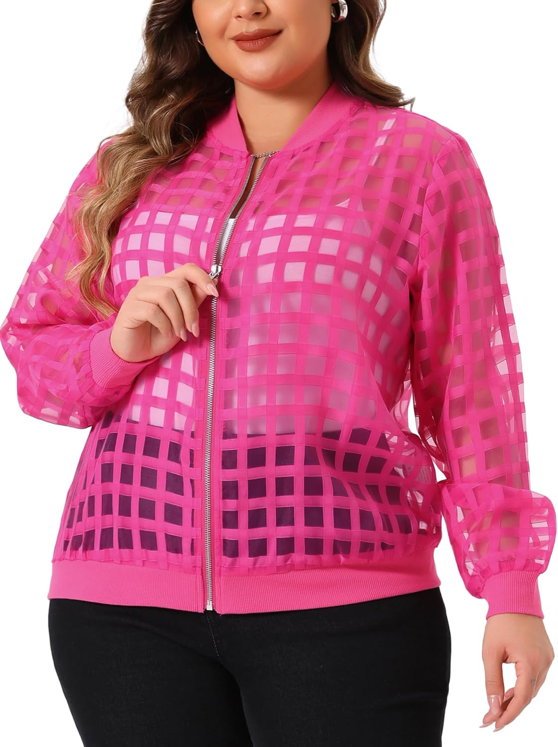 Agnes Orinda Mesh Sheer Jackets for Women Plus Size 2025 Fall Fashion See Through Long Sleeve Zip Up Bomber Jacket - Image 2