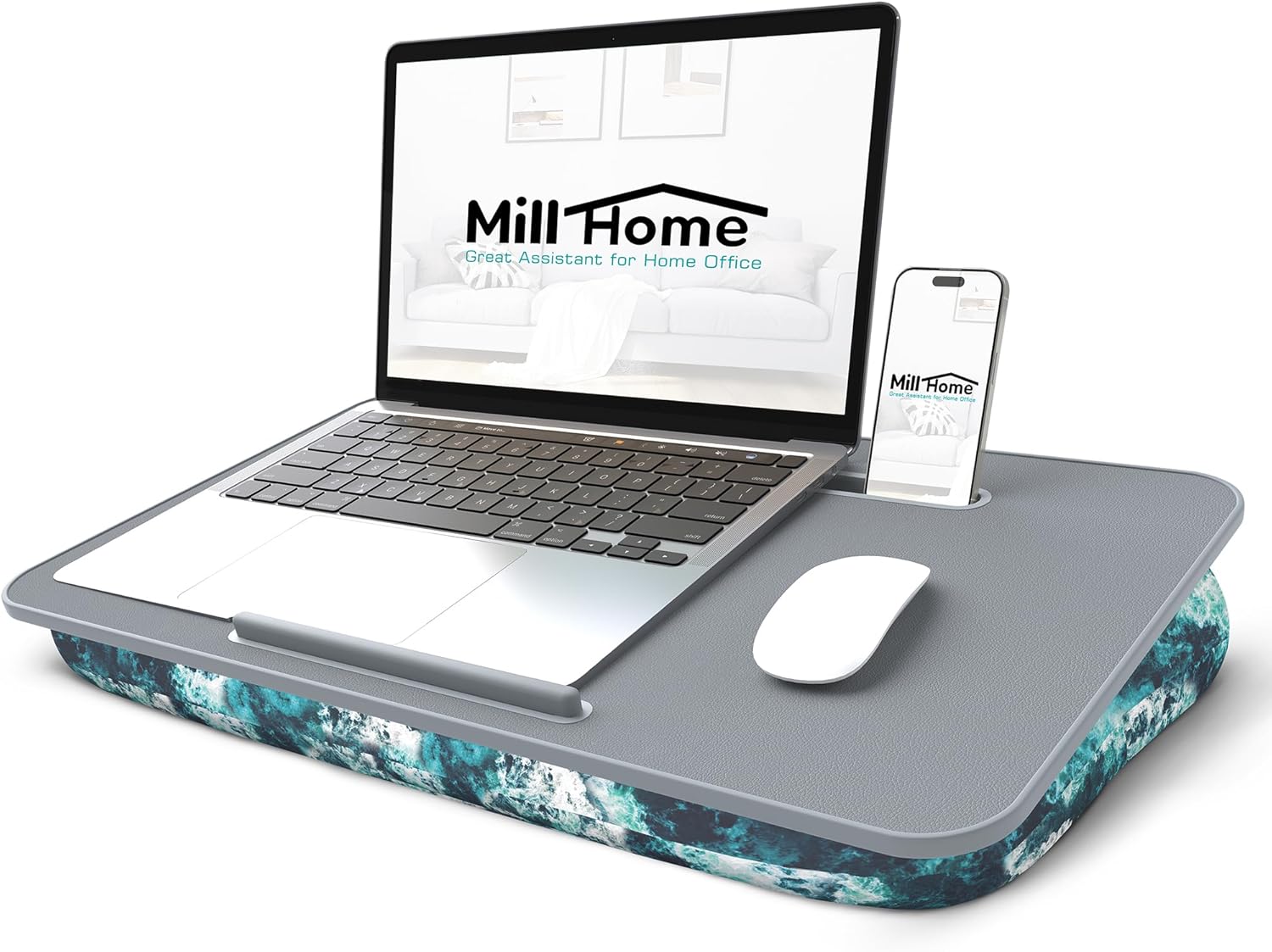 Millhome Lap Desk | Portable Laptop Desk – Fits Up to 17.3" Laptops –Detachable & Washable, Phone Holder, Device Ledge – for Writing, Working, Reading on Bed, Couch, Sofa, Floor – Blue Waves Blue Waves Large