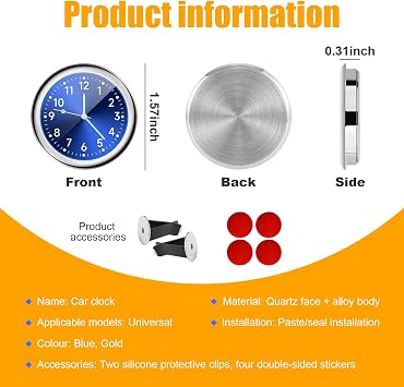 Dickno 2 PCS Stick on Dashboard Car Clock, Mini Tiny Analog Quartz Luminous Air Vent Clocks, Self Adhesive Automotive Vent Clocks Watch, Vehicle Clock for Dashboard Decoration (Blue+Golden)