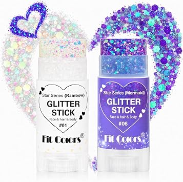 Glitter Stick 2 Pack, White & Purple Face Body Glitter Stick for Hair