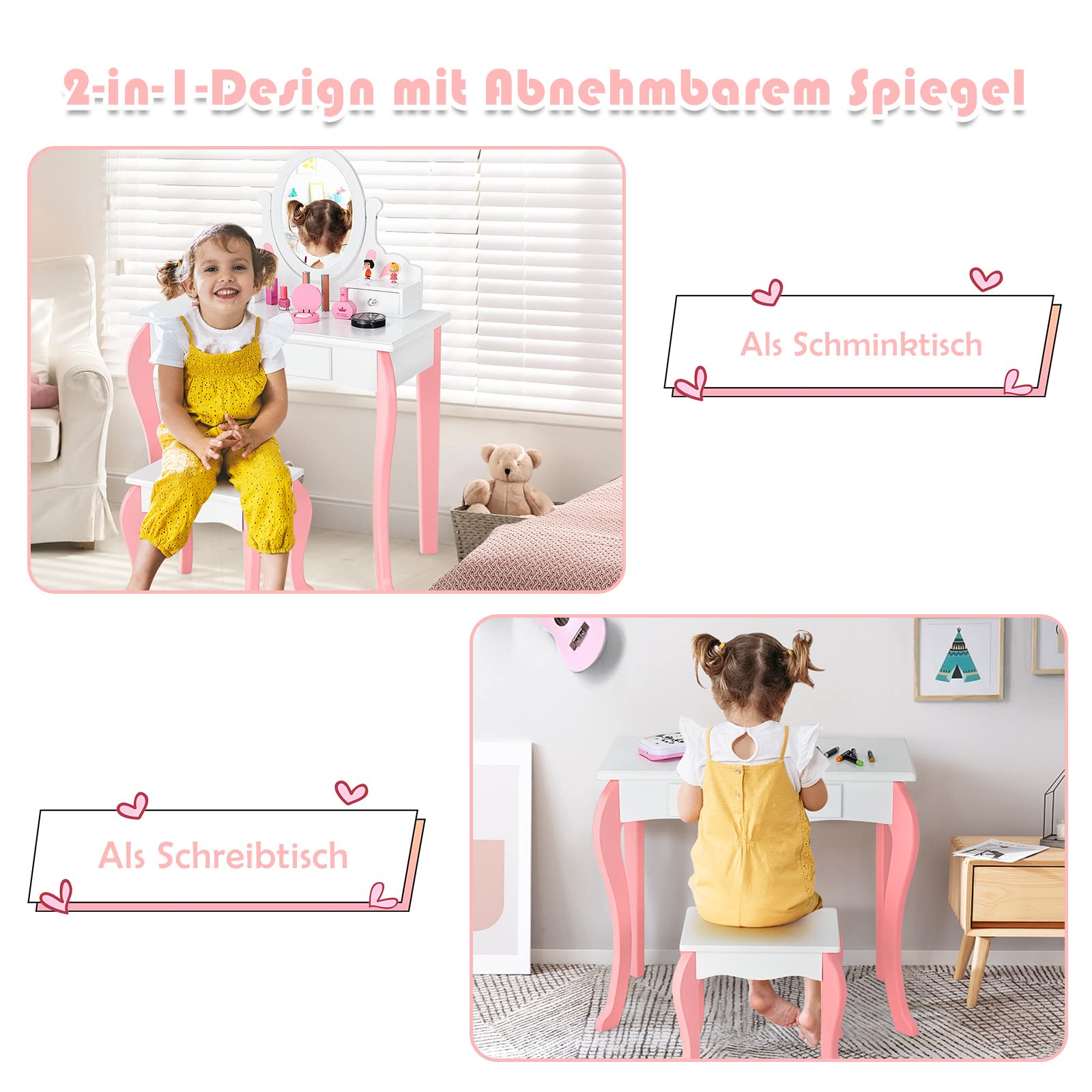 COSTWAY Kinder Schminktisch mit Hocker, Prinzessin Frisiertisch mit 3 Schublade & 360 ° drehbarem Spiegel, Frisierkommode Schminkkommode für Mädchen (Weiß)