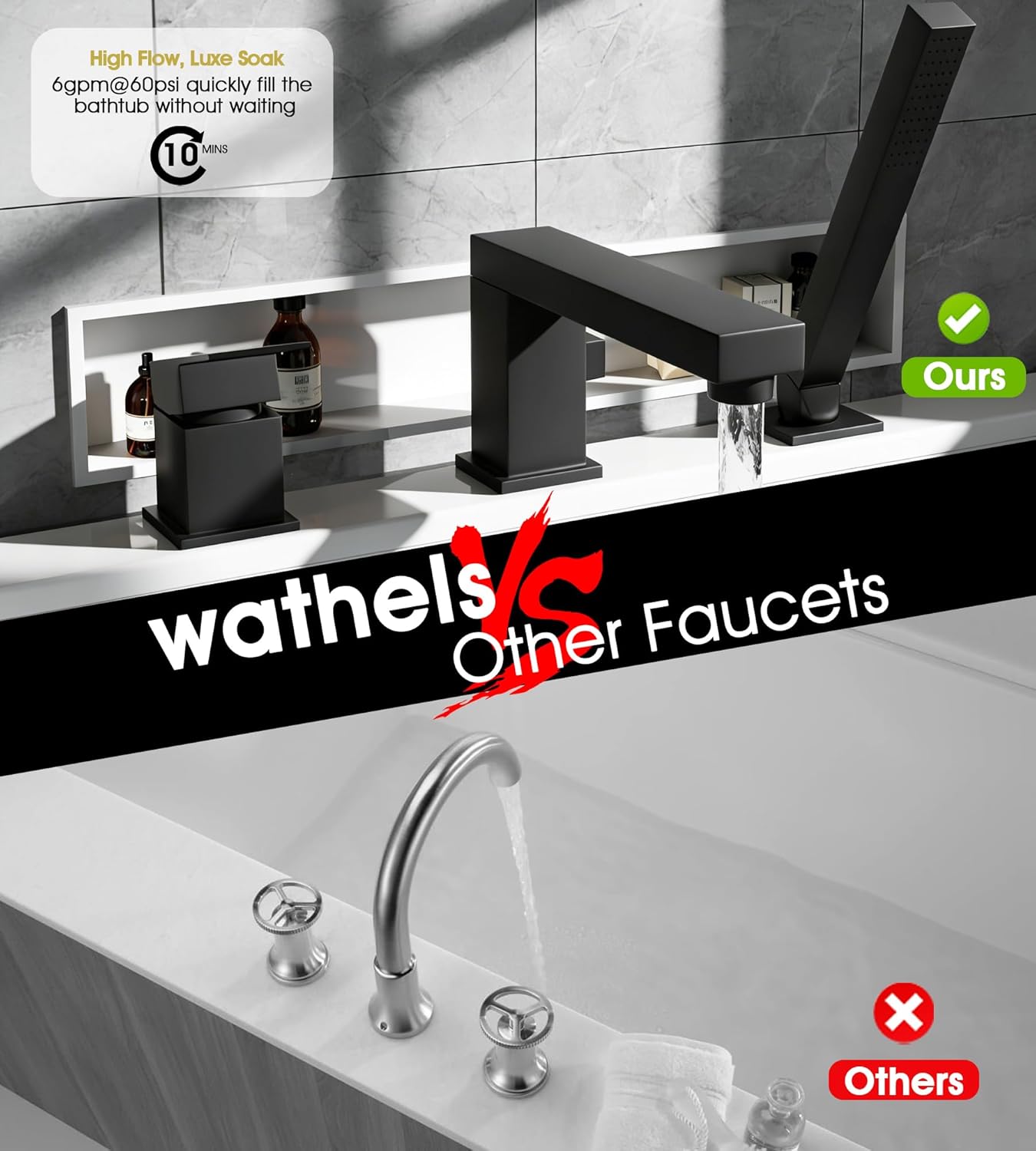 Modern Roman Tub Faucet with 360° Rotated Spout, Deck Mount Bathtub Faucet with Hand Shower, Widespread 3 Holes Bath Tub Filler Faucet Rough In Valve Included (Black)