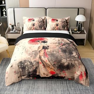 Japanese Geisha 100% Cotton Duvet Cover,Romantic Cherry Blossom Ink Paint Super Soft Comforter Cover(No Filler),Ukiyo-e Japan Tradition Kimono Woman Red Umbrella 3Pcs Bedding Set,Full Size