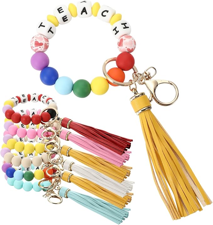 4PCS Silicone Key Ring Bracelets For Women - Elastic Wristlet Keychain Holders In Cream Yellow & Mint Green - View #4