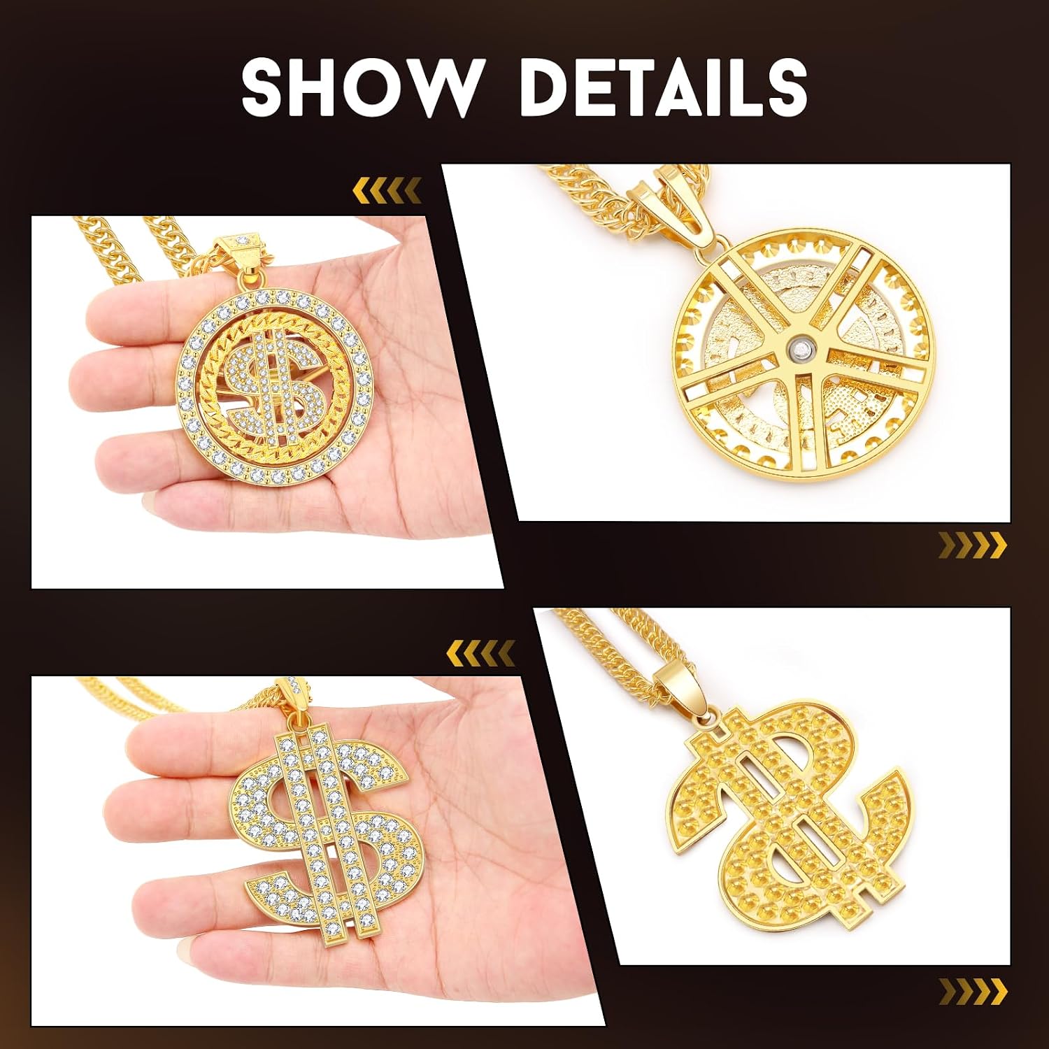 2PCS Money Chain Fake Gold Necklace: Big Money Dollar Sign Gold Chains Halloween Costume - Men Rapper Digger Hip Hop 70s 80s 90s Costume Accessories