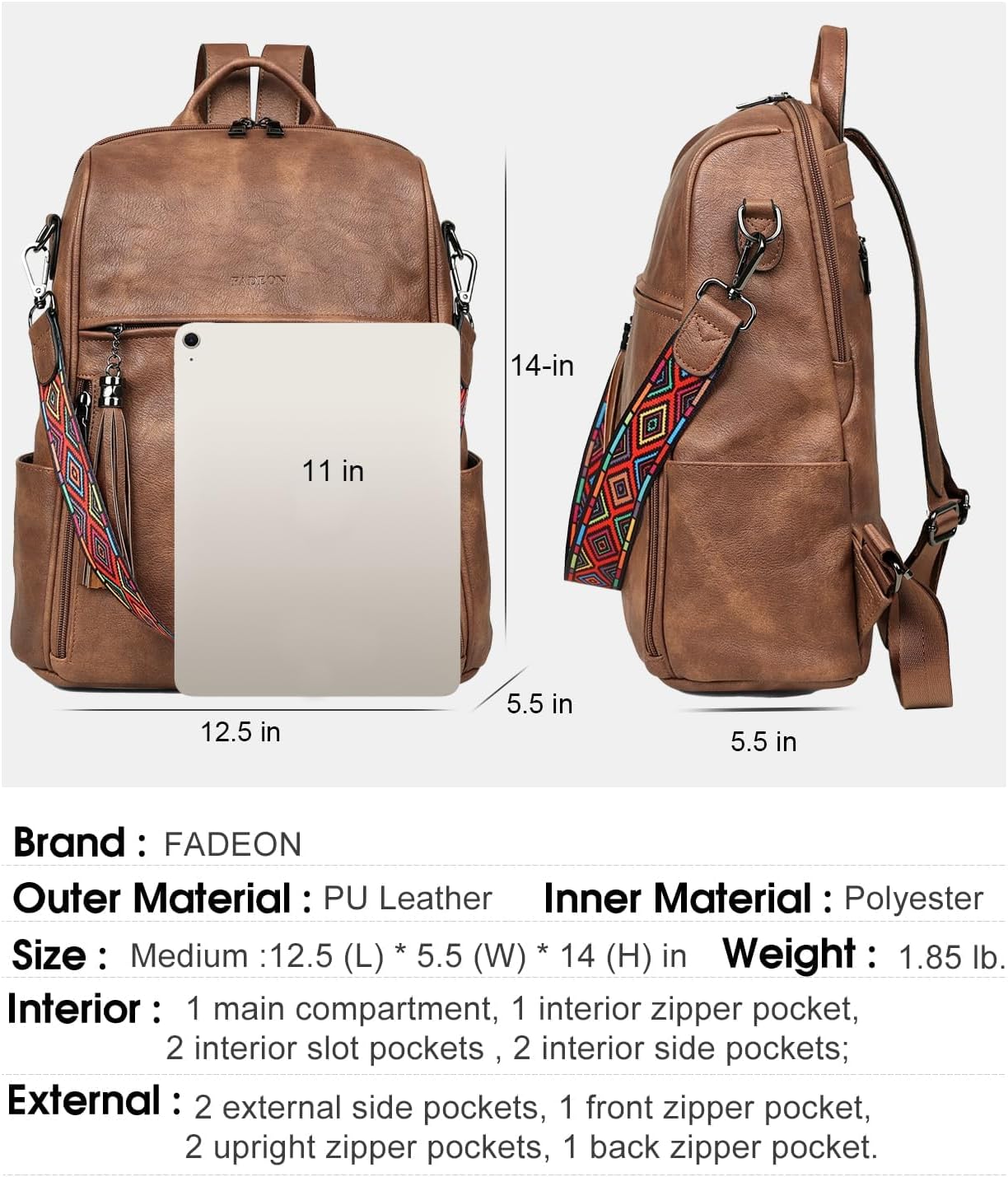 FADEON Leather Backpack Purse for Women Designer Travel Backpack Purses PU Fashion Ladies Shoulder Bag with Tassel - Image 3