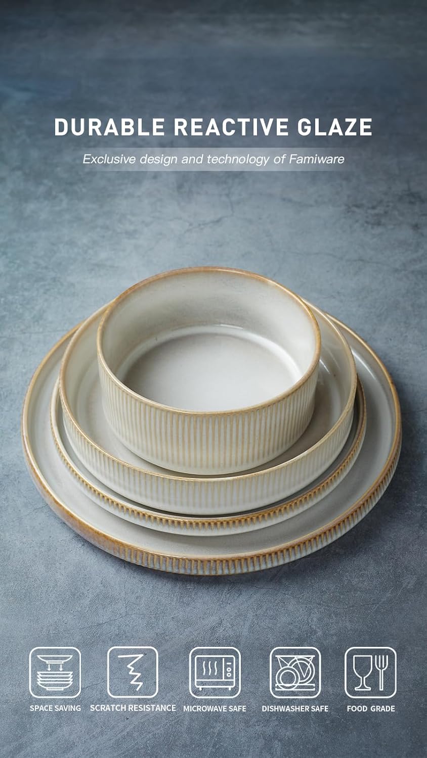 Famiware Star Dinnerware Set with Plates and Bowls, Service for 4 (16-Piece), Stoneware Kitchen Dishes Dinner Sets - Cappuccino White