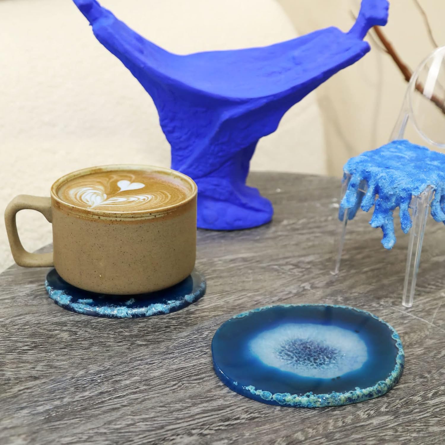 Natural Geode Coaster for Drinks, Set of 4 Clouded Agate Coasters for Coffee Table Decor, 3.5-4” Crystalline Stone Costers Agate Slices Glass Cups Holder for Home Office Housewarming Gift (Blue) - Image 2