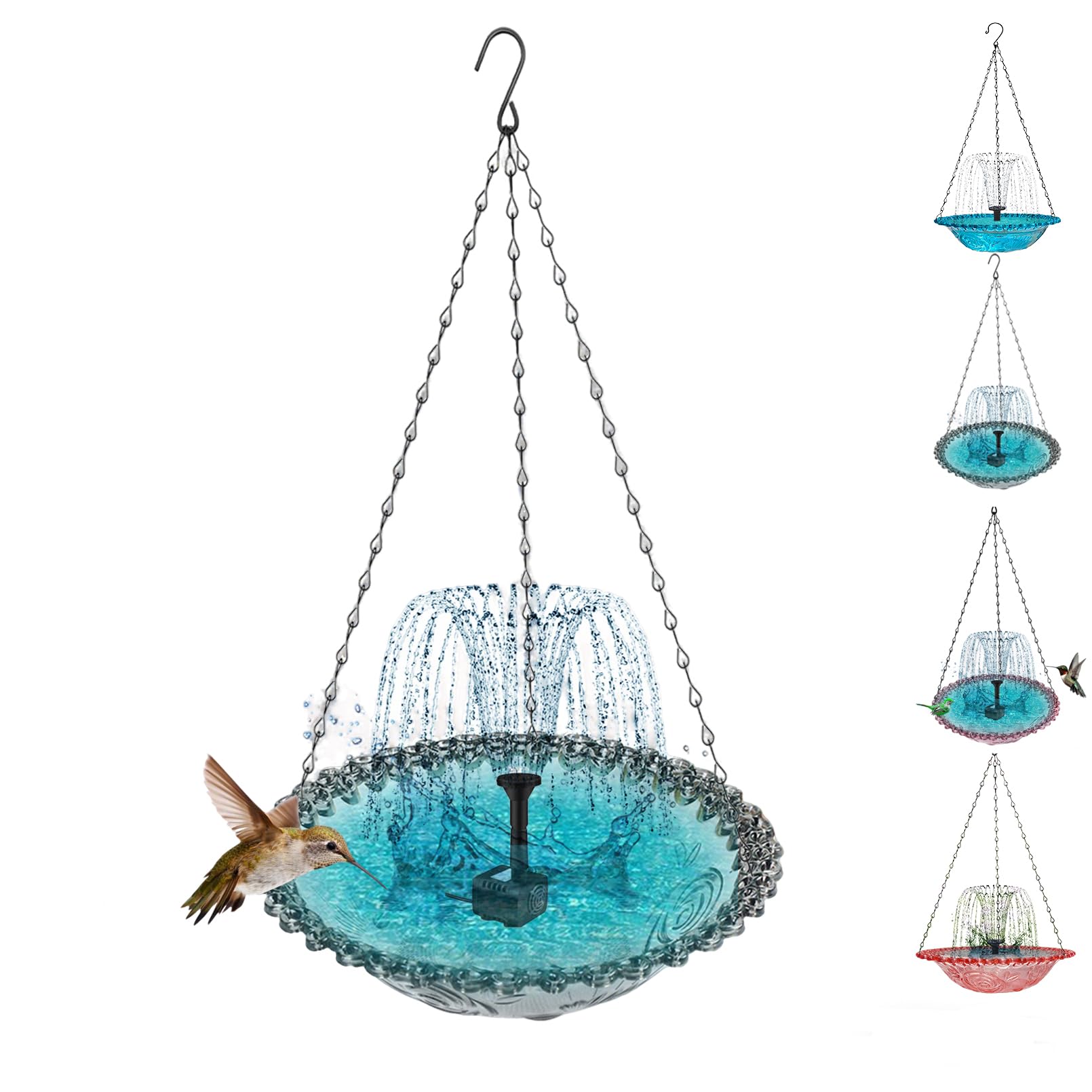 Solar Cascade Hanging Bird Bath Fountain, 2026 New Outdoor Hanging Bird bath with Solar Pump and Glass Bowl, Hummingbird Birdbath Water Fountain for Garden, Patio, Porch (Blue) — view 10