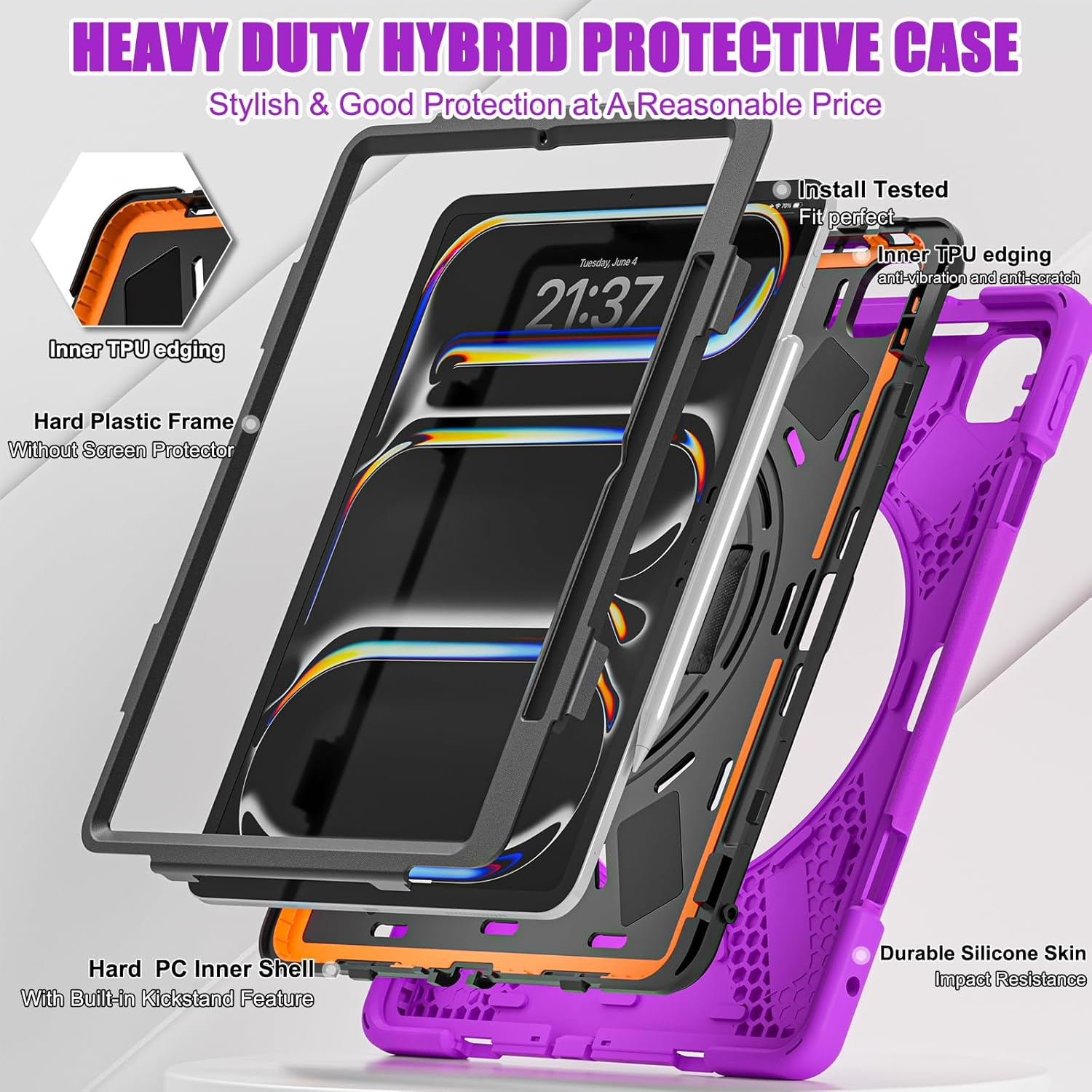 for iPad Pro 13 Case 2024 (M4) with Pencil Slot - Shockproof Heavy Duty Protective Cover, 360° Rotating Hand Strap, Kickstand, Silicone Corners, and Shoulder Strap for iPad Pro 13", Purple