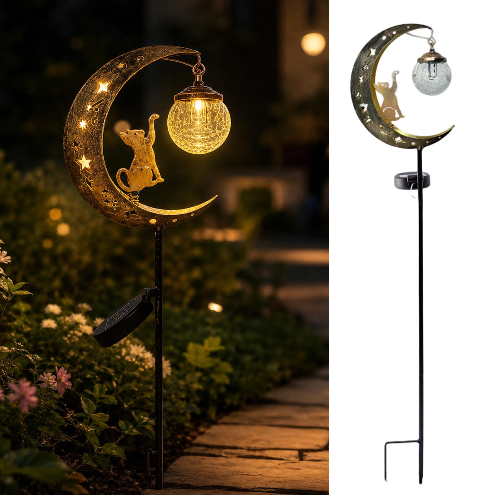 ​Cat Moon Solar Garden Stake Light, 85cm Waterproof LED Pathway Decor with Crackle Glass Globe, Metal Crescent for Hummingbird Moon Solar Garden Stake Light
