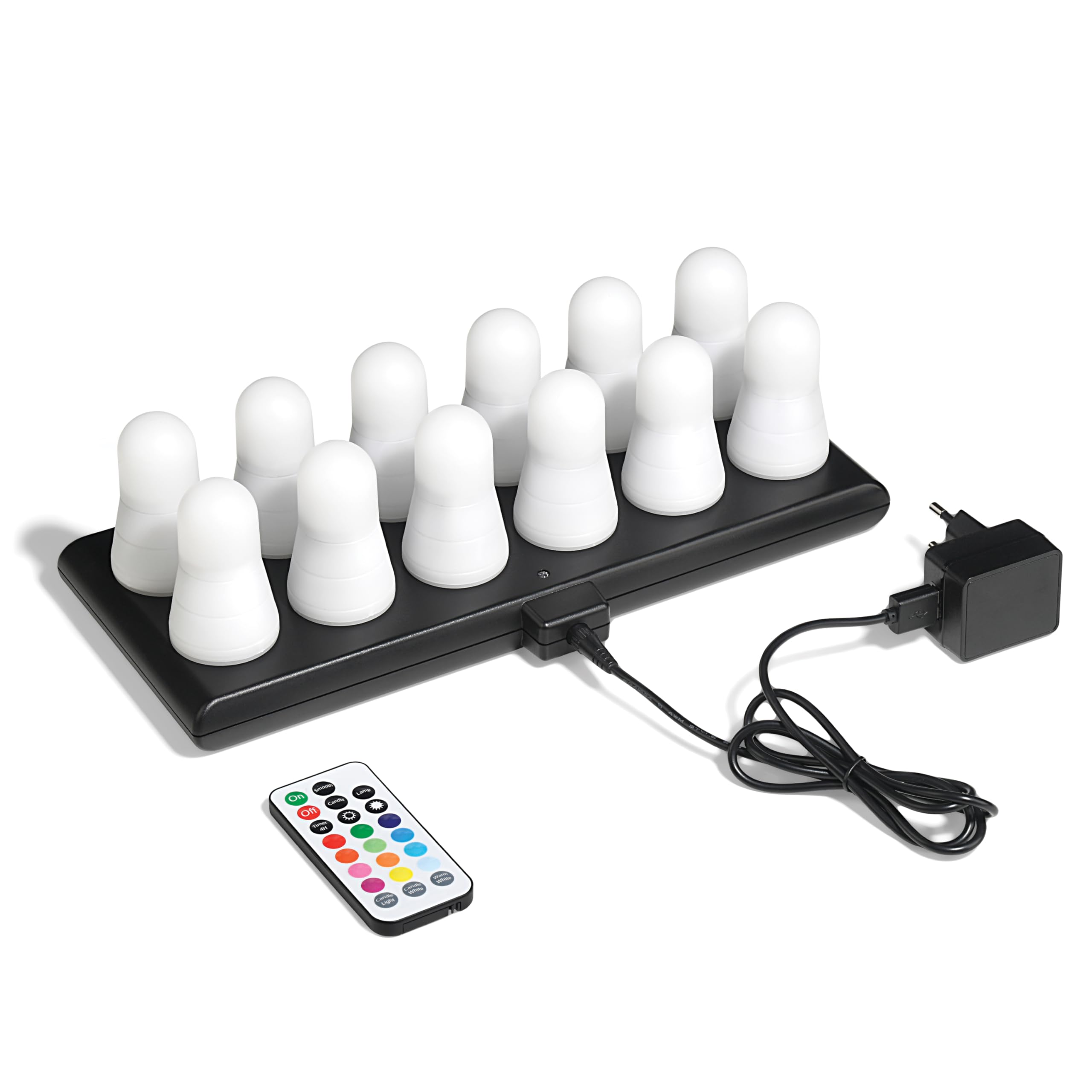 Color&Mood: Juego de 12 velas LED RGB + blanco cálido + vela llama parpadeante – Recargables con mando a distancia – Base magnética