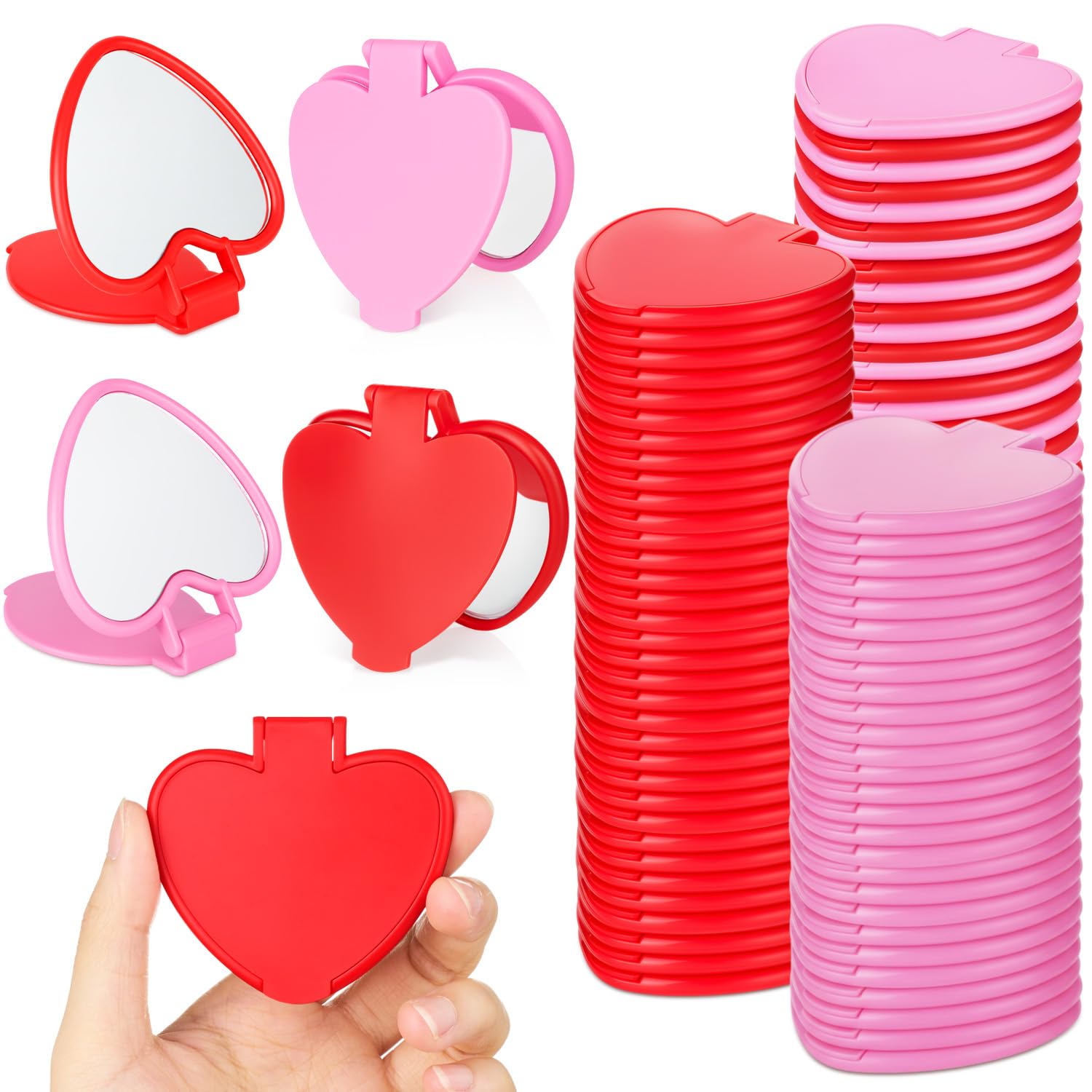 50 Pcs Heart Shaped Compact Mirror Bulk Valentines Day Small Gifts Galentines Mini Folding Pocket Mirrors Red and Pink Makeup Mirror for Women Travel Daily Use Wedding Favor Supplies
