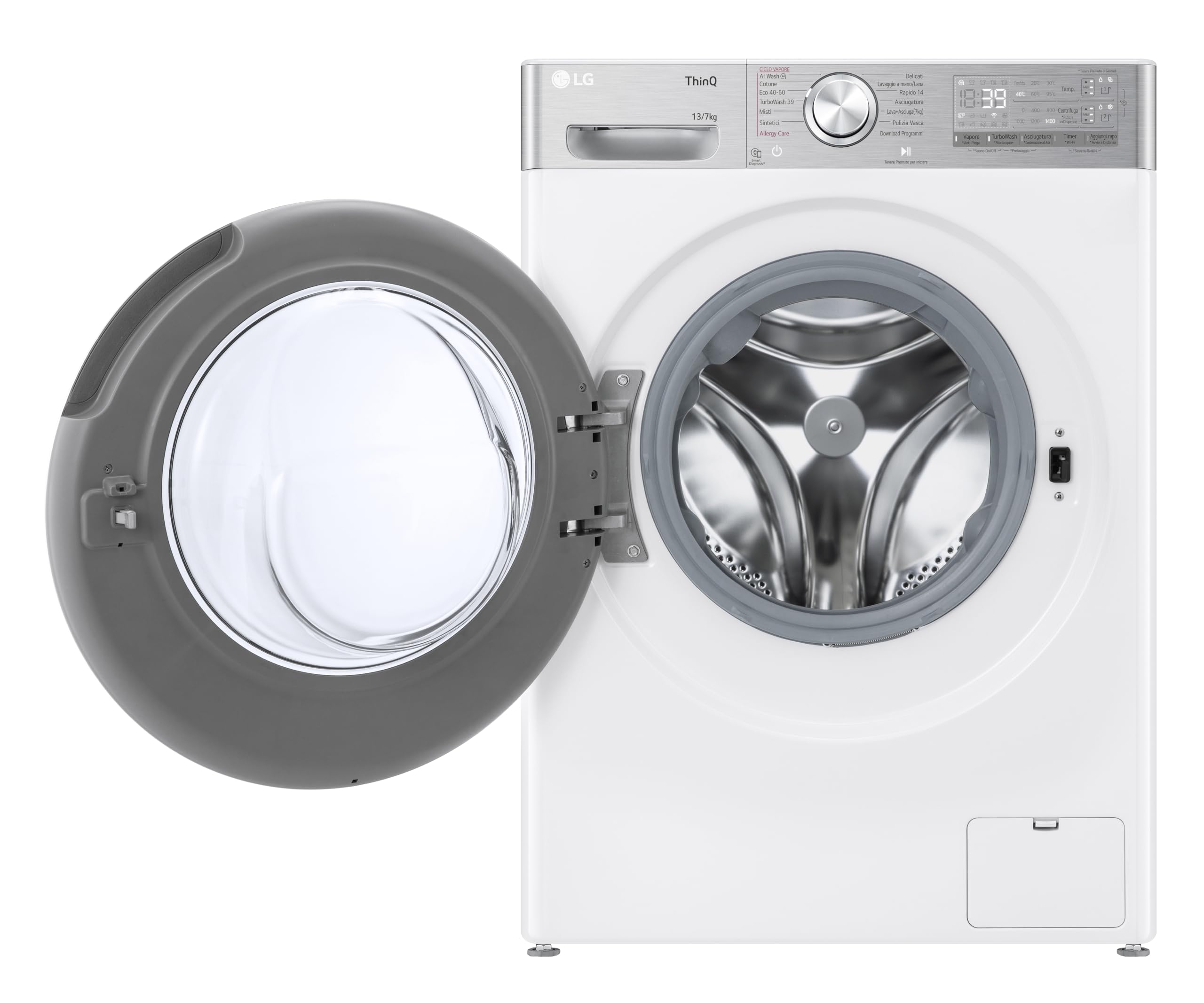 LG AI DD D4R9513TPWC Lavasciuga 13/7kg, Serie R9, Classe D, Lavatrice Asciugatrice, 1400 Giri, TurboWash 360, Vapore Steam+ e Antipiega, Autodosaggio, Wi-Fi, Bianca