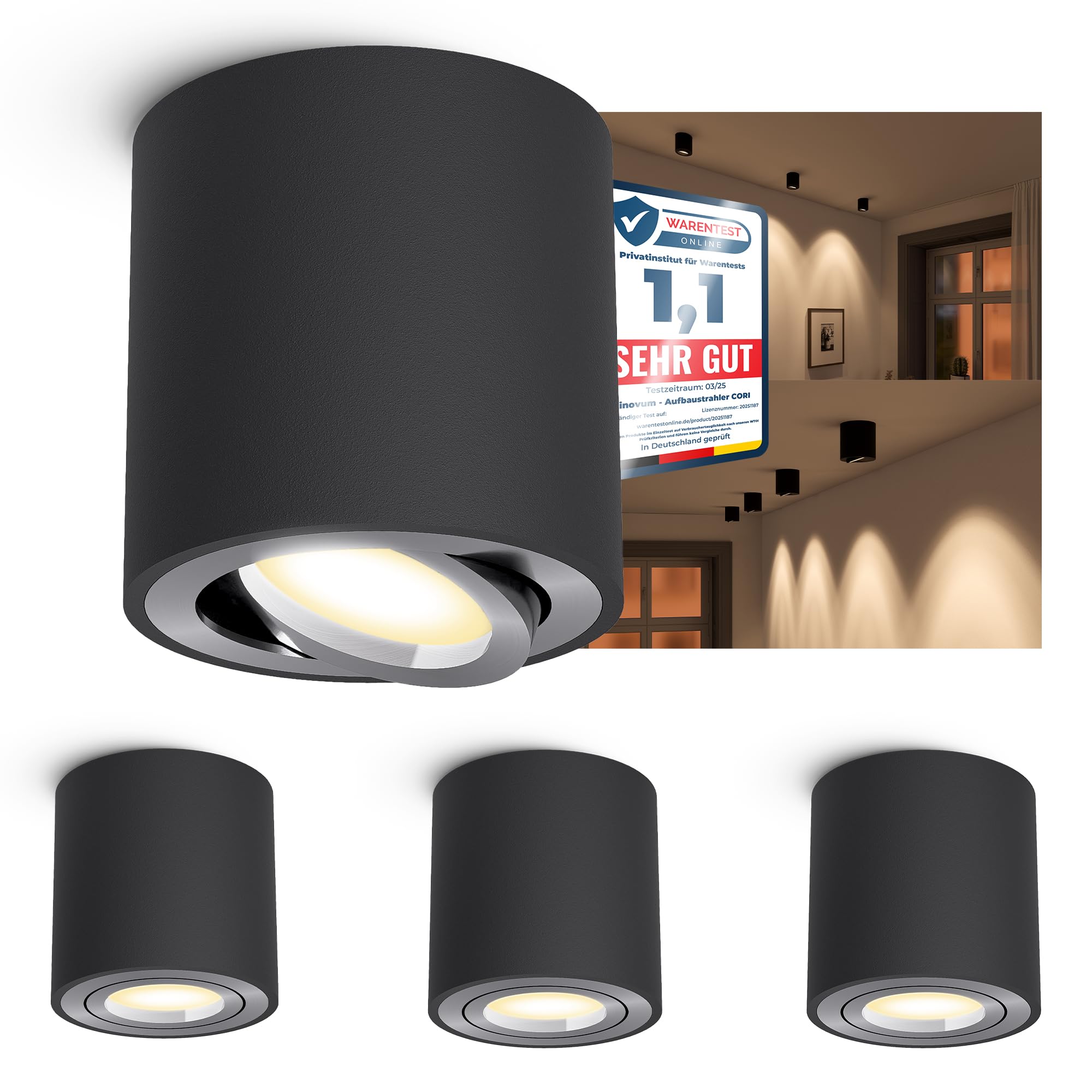 linovum CORI Aufbauspot schwarz gebürstet dimmbar - mit LED in drei Lichfarben GU10 230V 6W - Aufbau Strahler schwenkbar rund Ø80x84mm