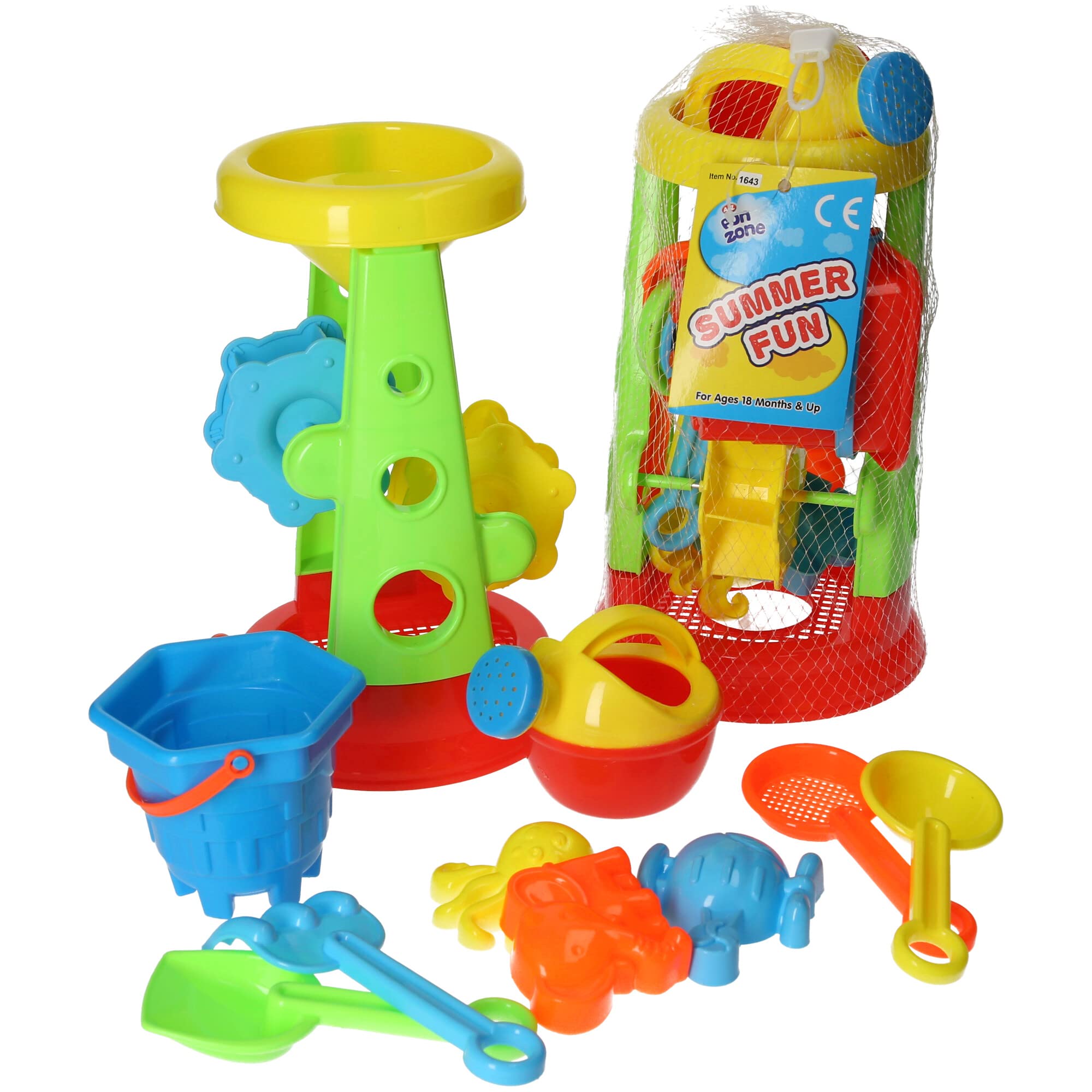 Summer Fun Sand and Water Play Set, Beach Toys with Tower, Bucket and Tools, Ages 18+ Months - Waterwheel Beach Set