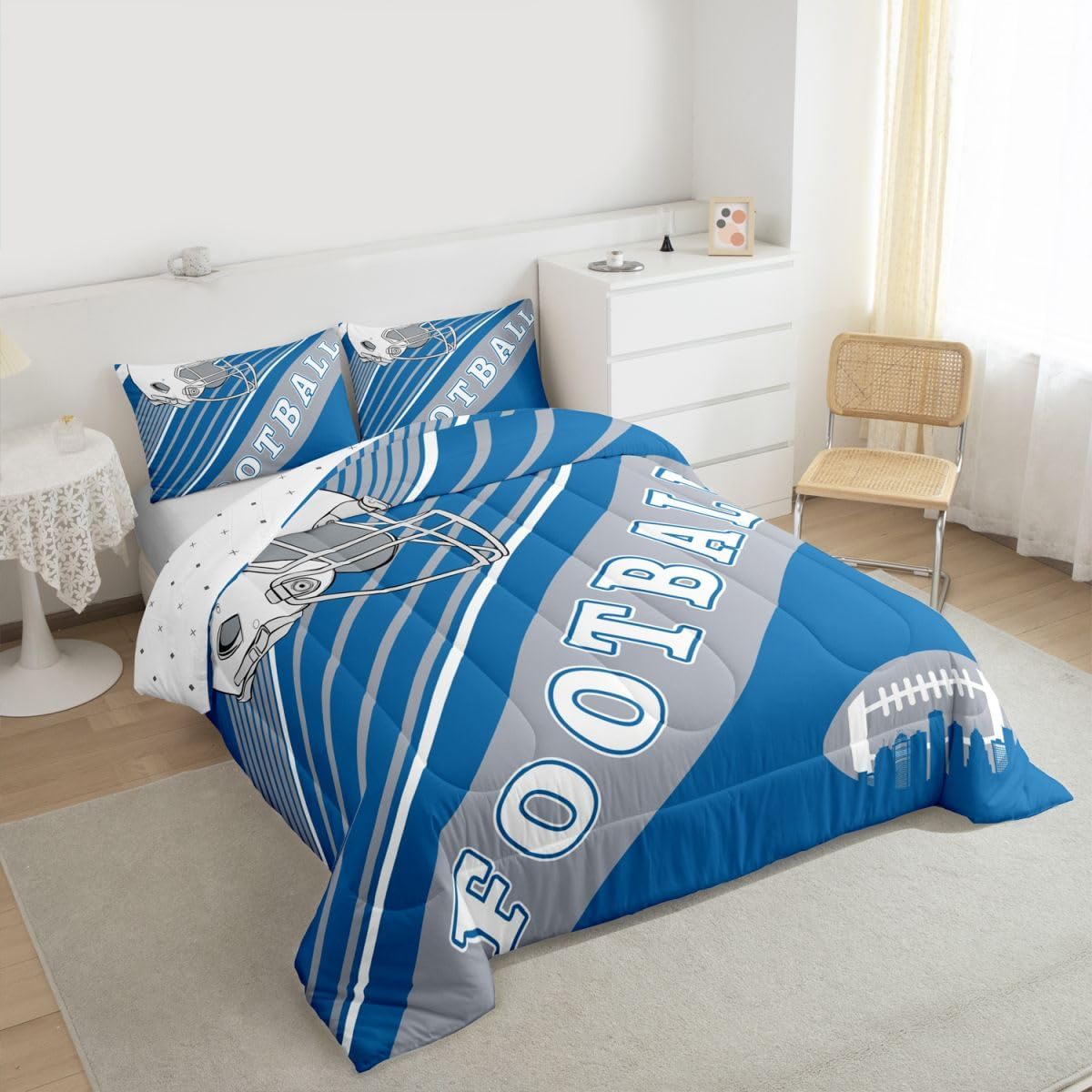 Erosebridal Sports Football Bedding Comforter Sets White and Sky Blue Rugby Helmet Bedding Full, Football Themed Comforter Set Retro 3D Ball Game Quilt with 2 Pillowcases - Image 4