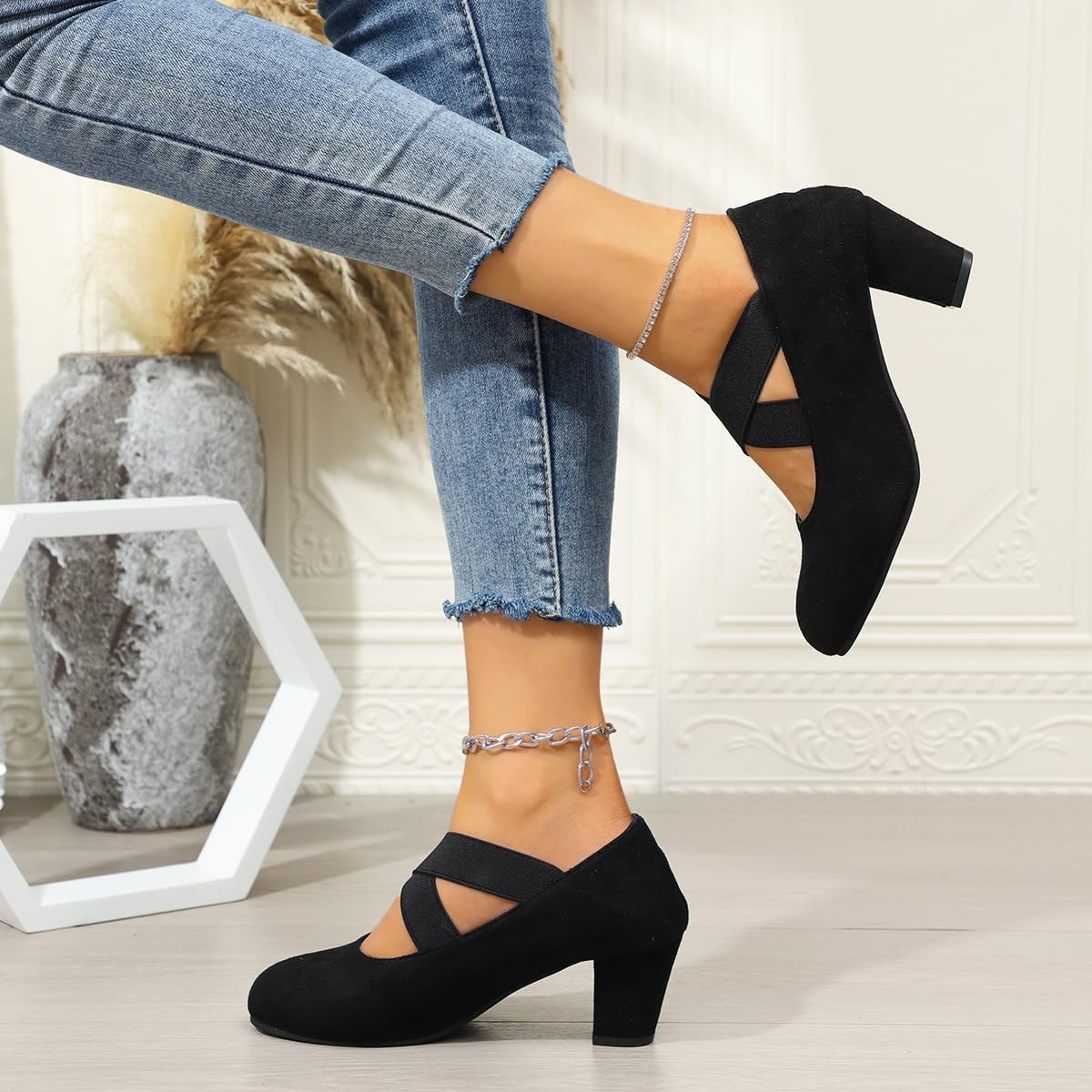 Tacones altos casuales con correa cruzada para mujer, tacones de bloque medio Mary Jane con correa al tobillo, zapatos de corte para mujer, zapatos de trabajo de apoyo cómodo