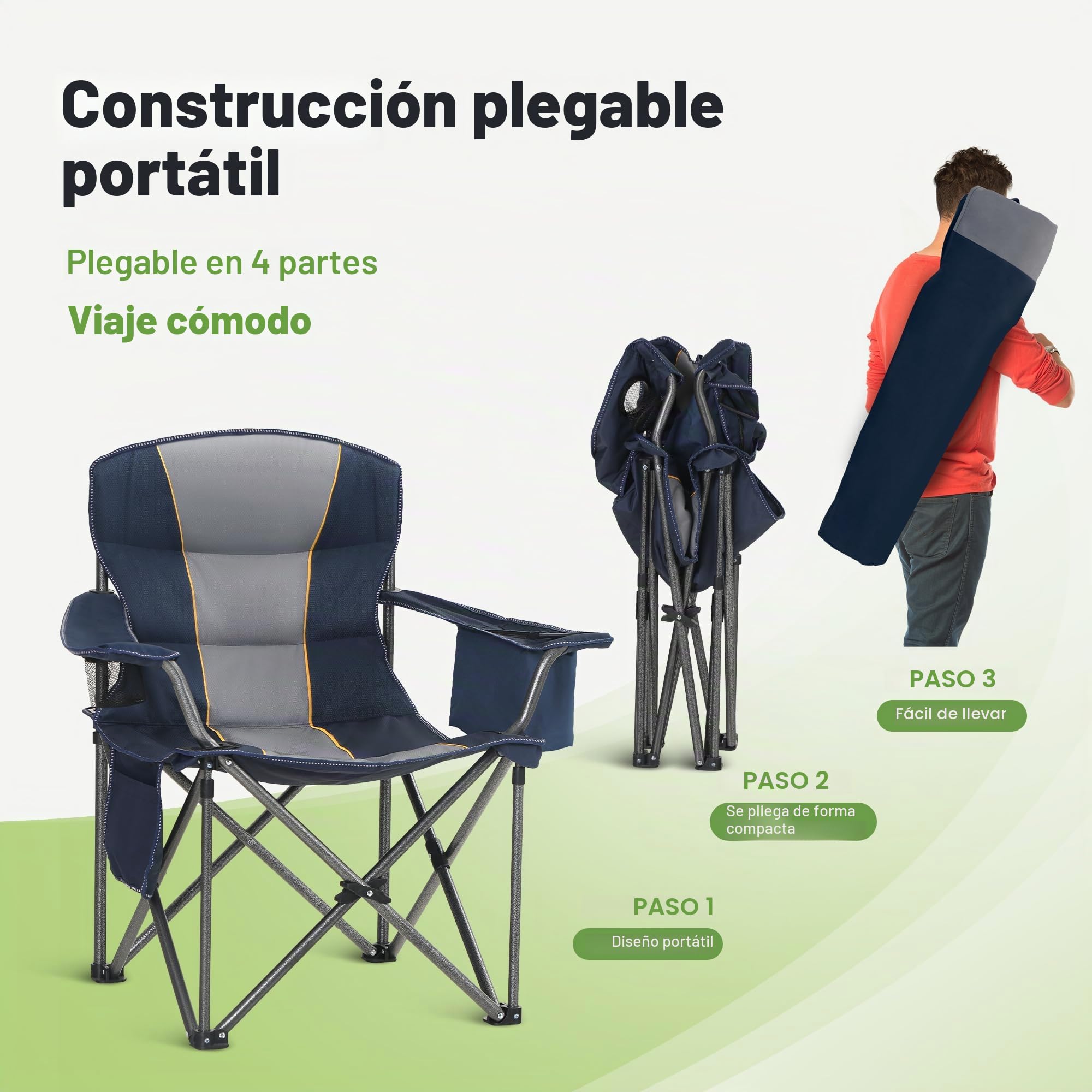 LET'S CAMP Silla de camping plegable de gran tamaño, hasta 200 kg | Con soporte para bebidas, bolsa isotérmica, silla plegable de exterior de Oxford 600D