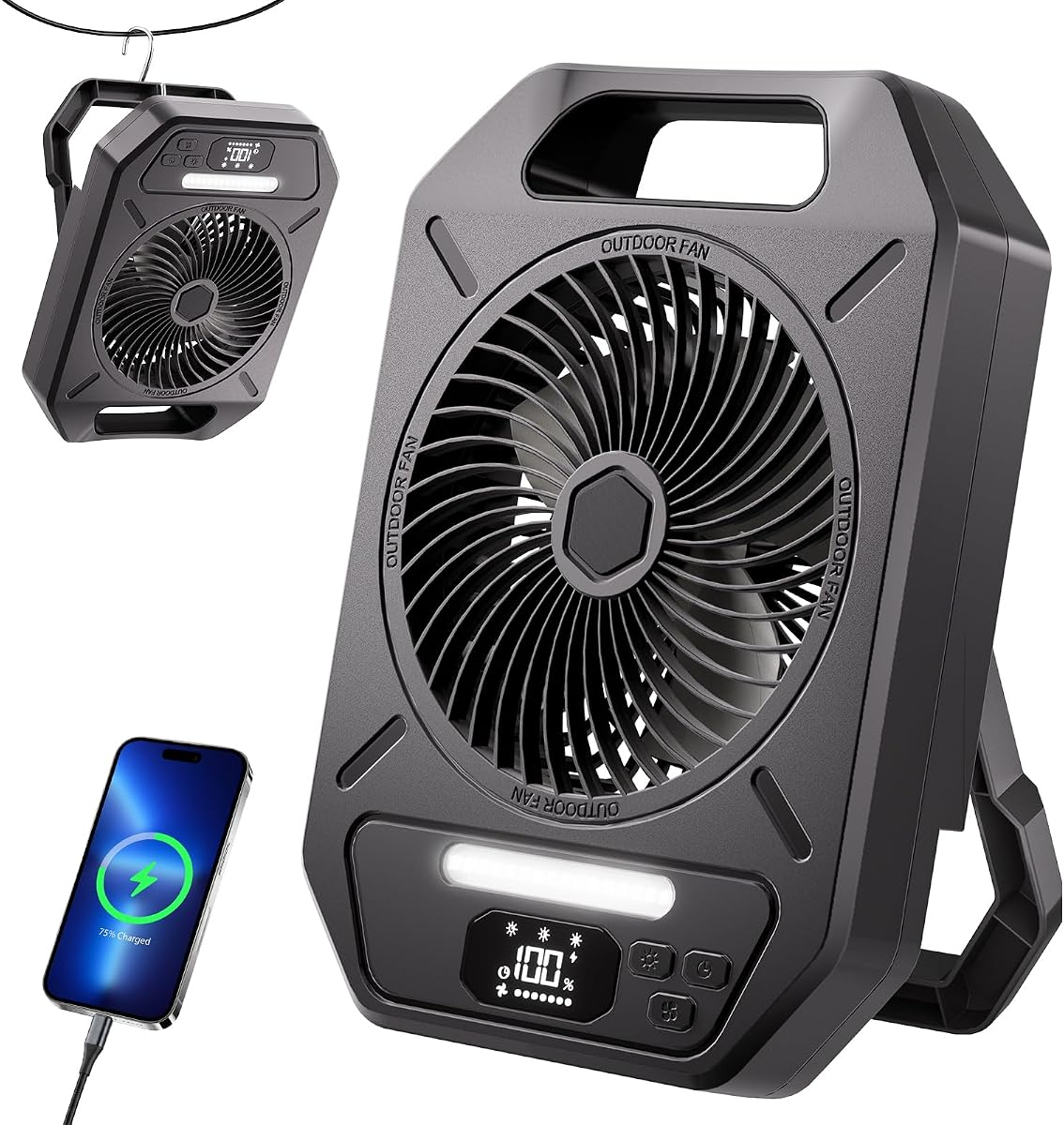 ALLENERGY Camping Fans, Rechargeable Portable Fan with 100 Adjustable Speeds, Ultra-Slim Strong Airflow Desk Fan with Foldable Stand for Camping Tent, RV Travel, Fishing, Bedroom, Outdoor - Black