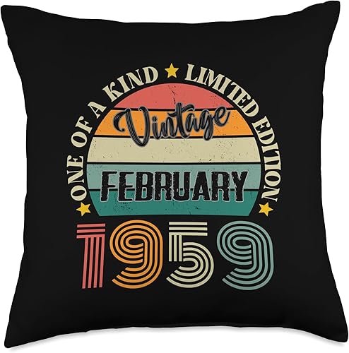 Vintage Birthday Retro Limited Edition Retro Gifts 65 años Vintage Febrero 1959 65th Birthday Retro Throw Pillow, 18x18, Multicolor