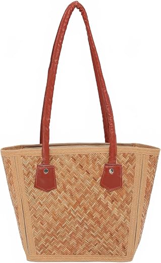 Exotic India Designer Bamboo Tote Hand-Woven Texture Eco-Conscious Summer Carryall and Versatile Casual Bag for Women's