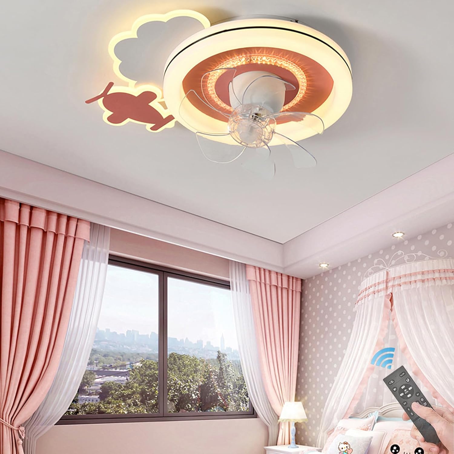 Dimmable Ceiling Light 360 Degree Shaking Head Creative Ceiling Lamp Boys Room Fan Ceiling Light with Remote Control Ceiling Fans with Lights Modern Intelligent Mute Princess Room (Pink)