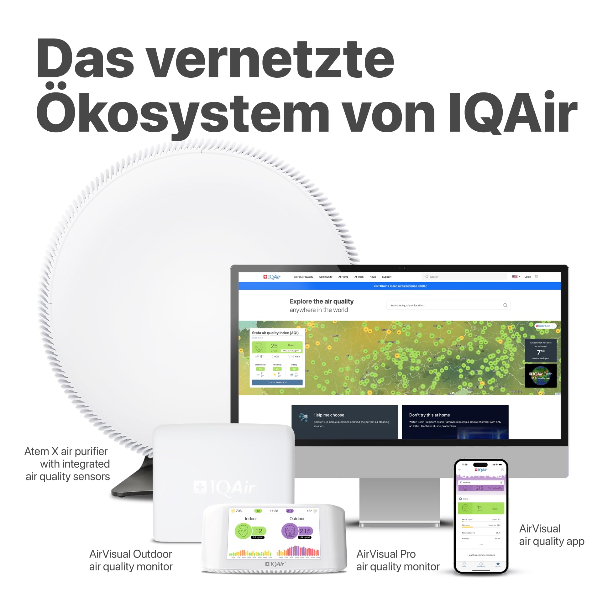 IQAir AirVisual Outdoor Luftqualitätsmonitor für außen - Luftqualität Messgerät & Feinstaubmessgerät mit PM2.5, PM10, AQI, Temperatur, Luftfeuchtigkeit, WLAN/Ethernet, Wetterfest. Made in Germany