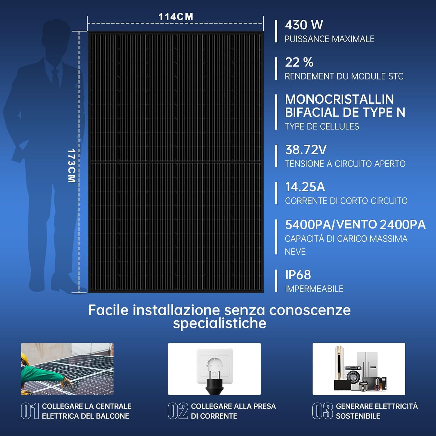 AUSTA Bifacciale Pannello Solare 440W Monocristallino Pannello Fotovoltaico, Per Impianto Fotovoltaico Completo, Impianto Solare da Balcone, Per Tetto Inclinato, Balcone, Tetto Piano